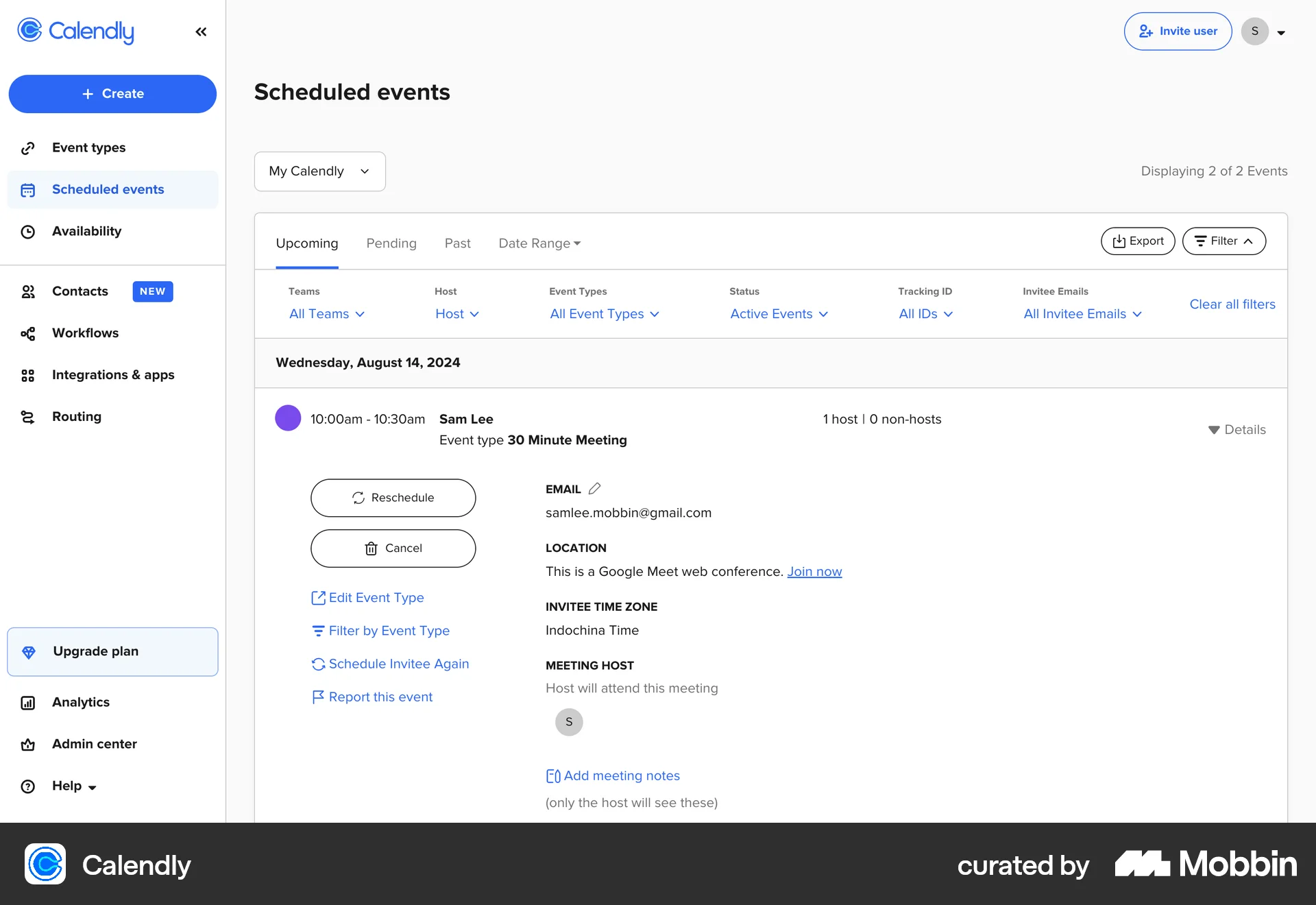 Calendly Web Event Detail screen