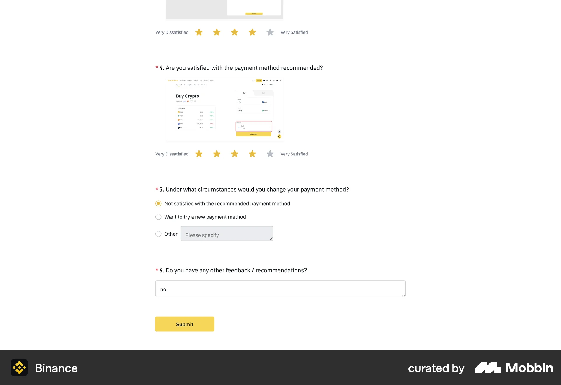 Binance Web Feedback screen