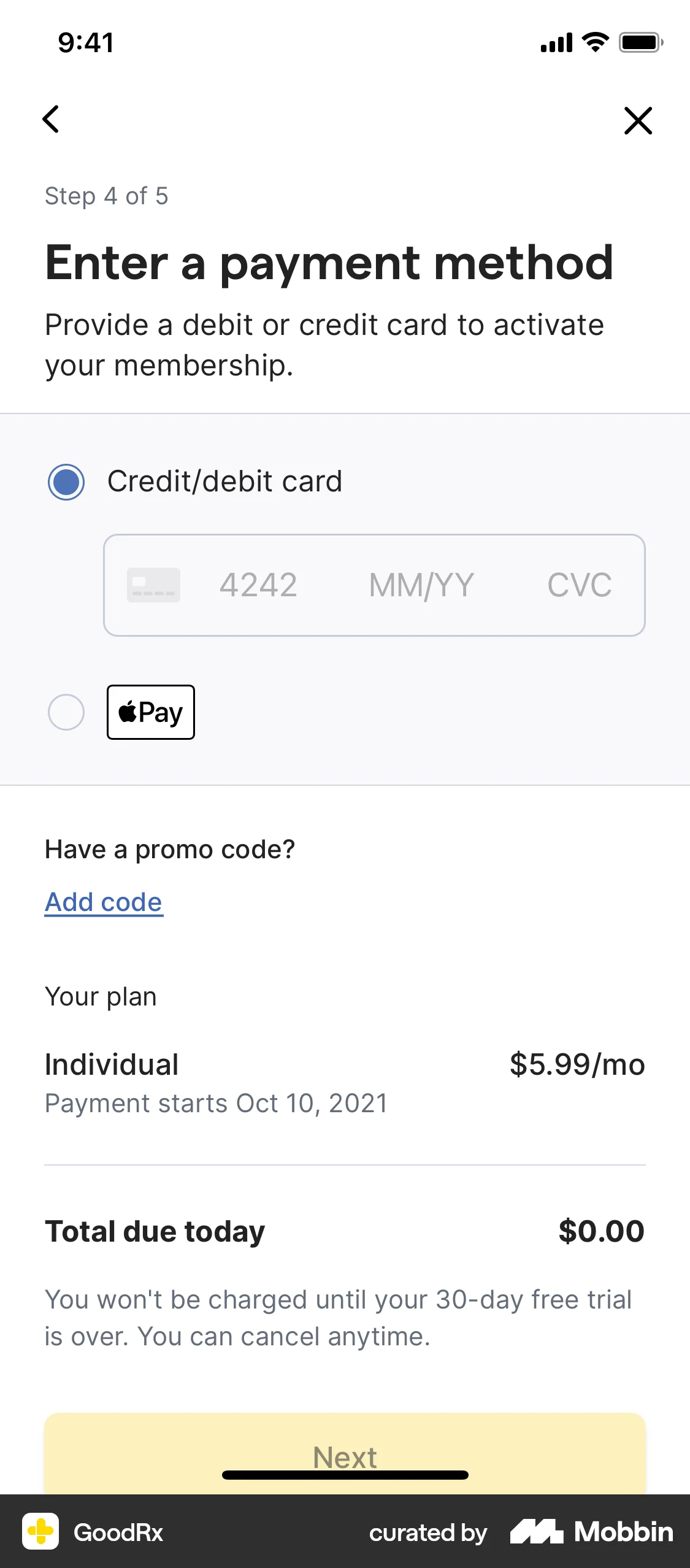 GoodRx iOS Payment Method screen