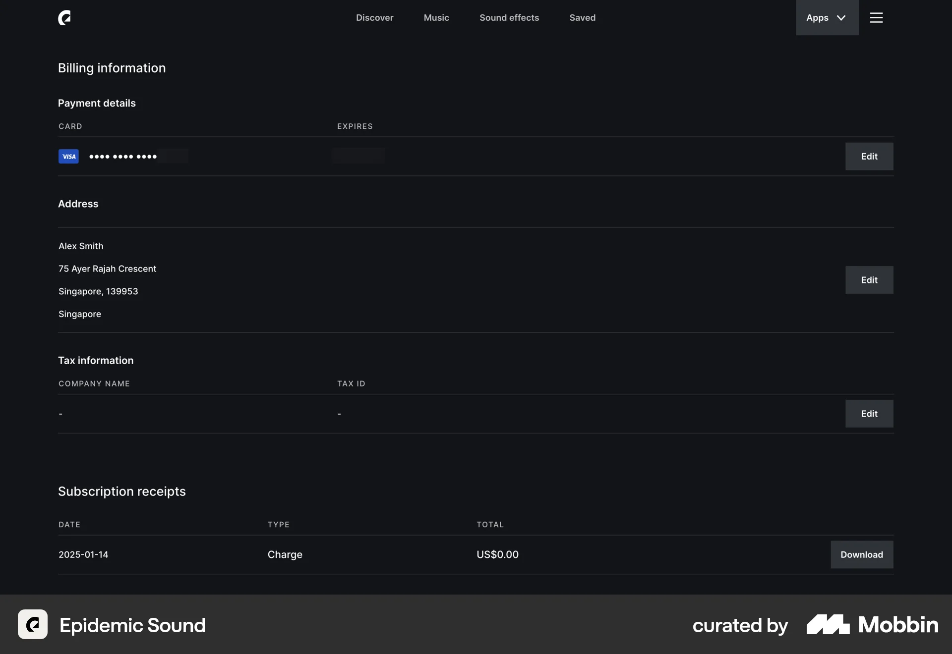 Epidemic Sound Web Order History screen
