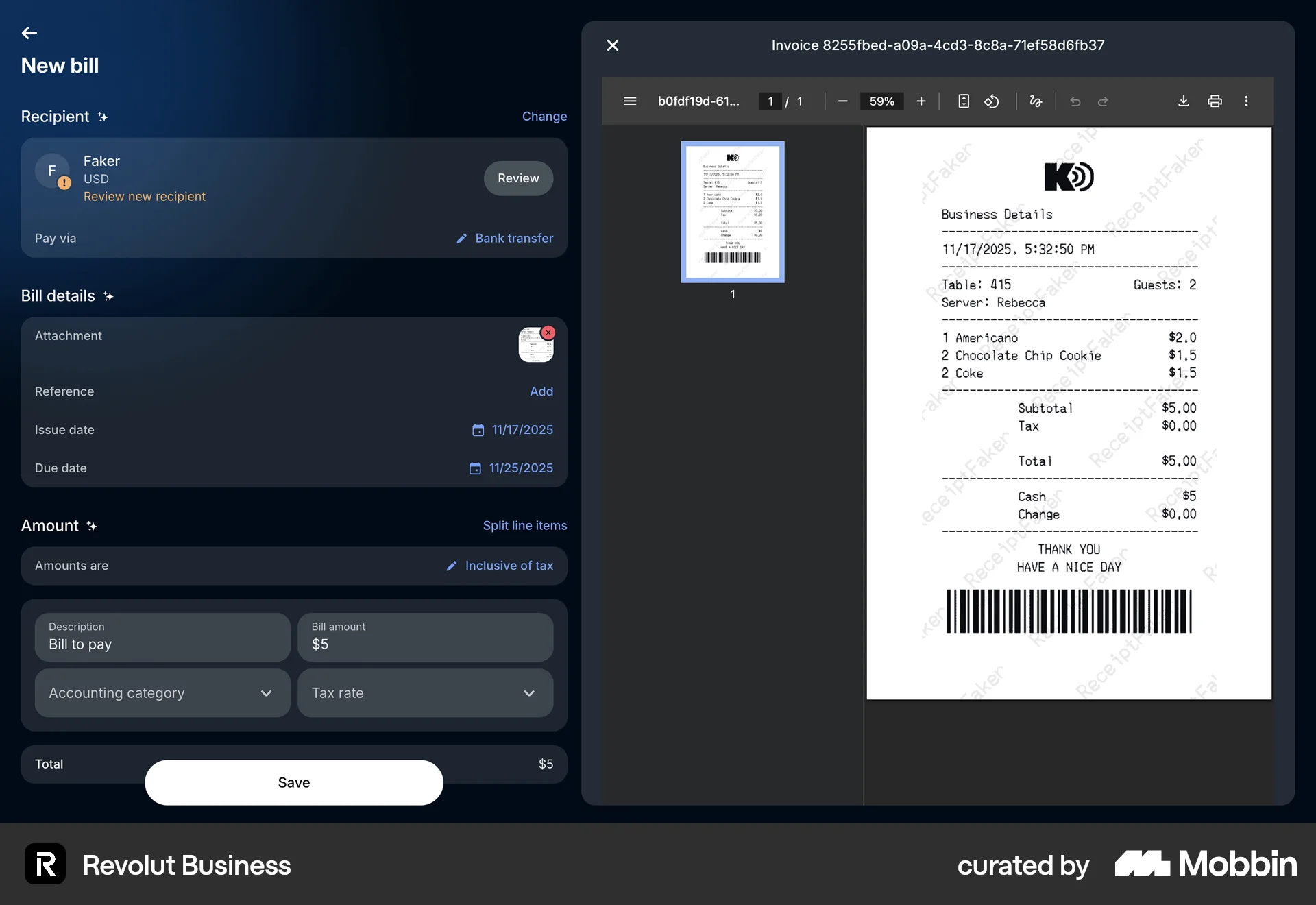 Revolut Business Adding a bill screen