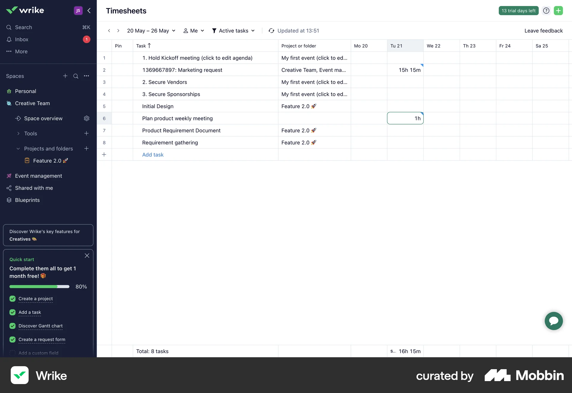 Wrike Web Time Tracker screen