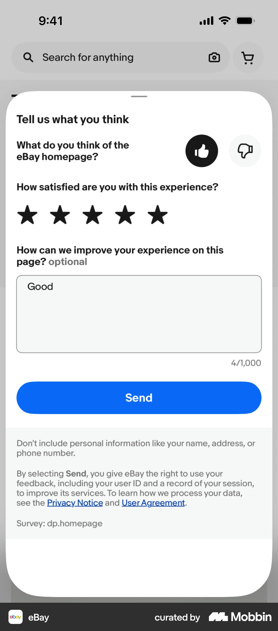eBay iOS Feedback screen