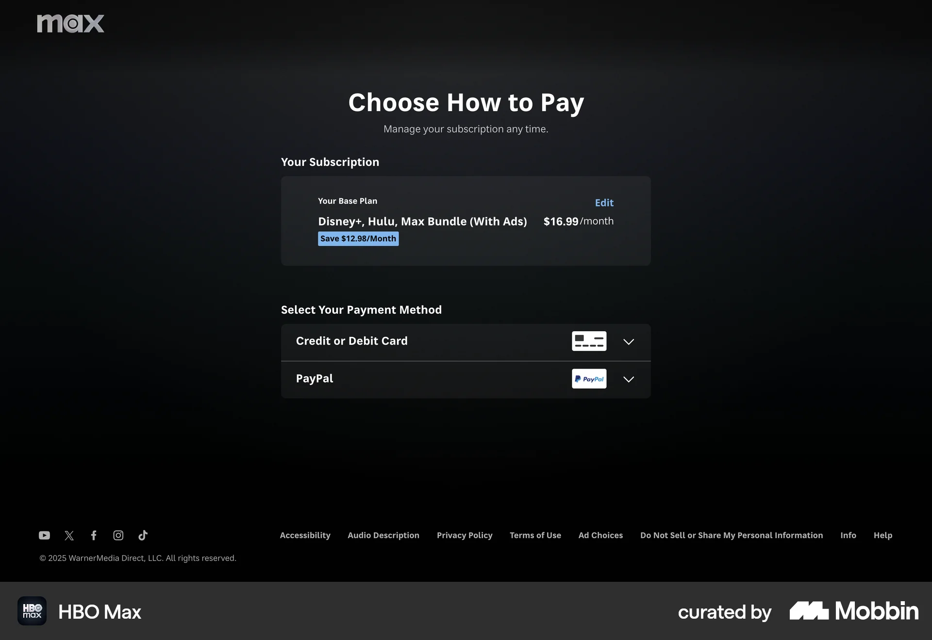 HBO Max Web Checkout screen