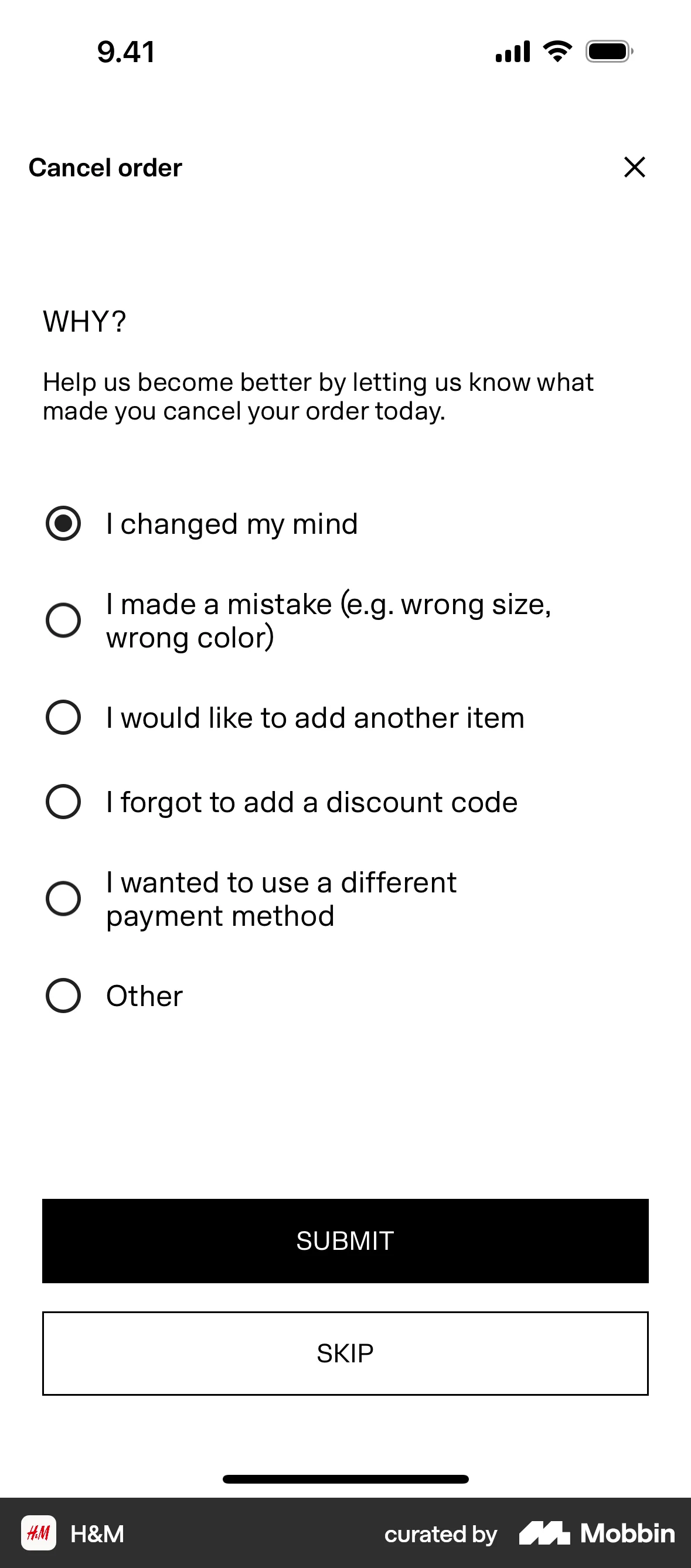 H&M iOS Feedback screen
