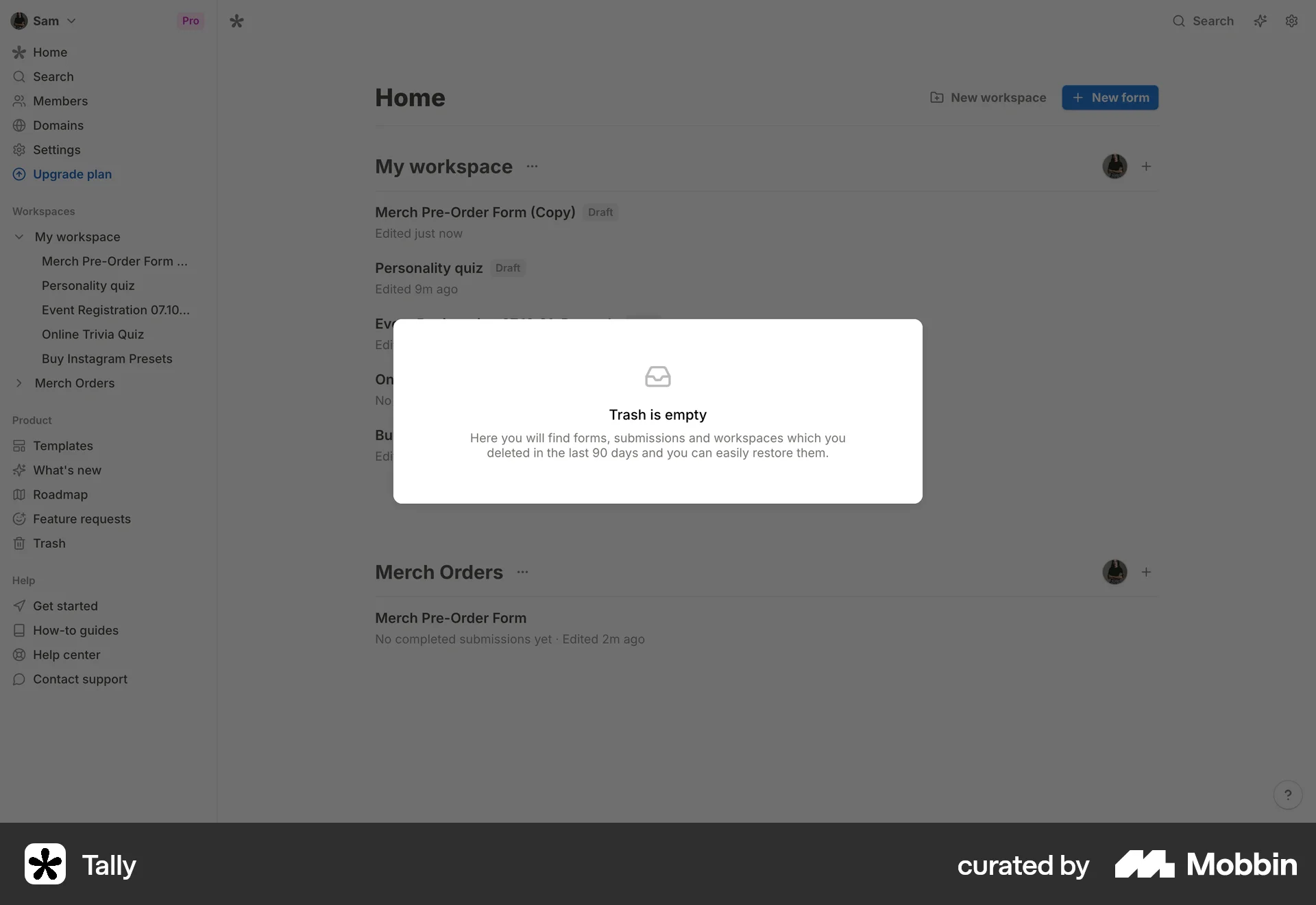 Tally Web Trash & Archive screen