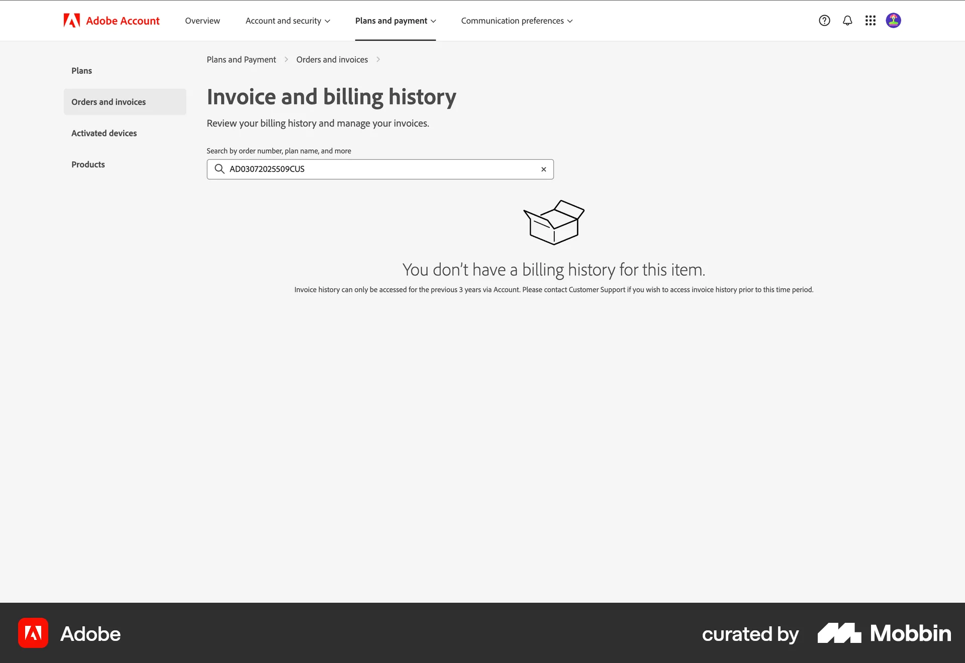 Adobe Web Order Detail screen