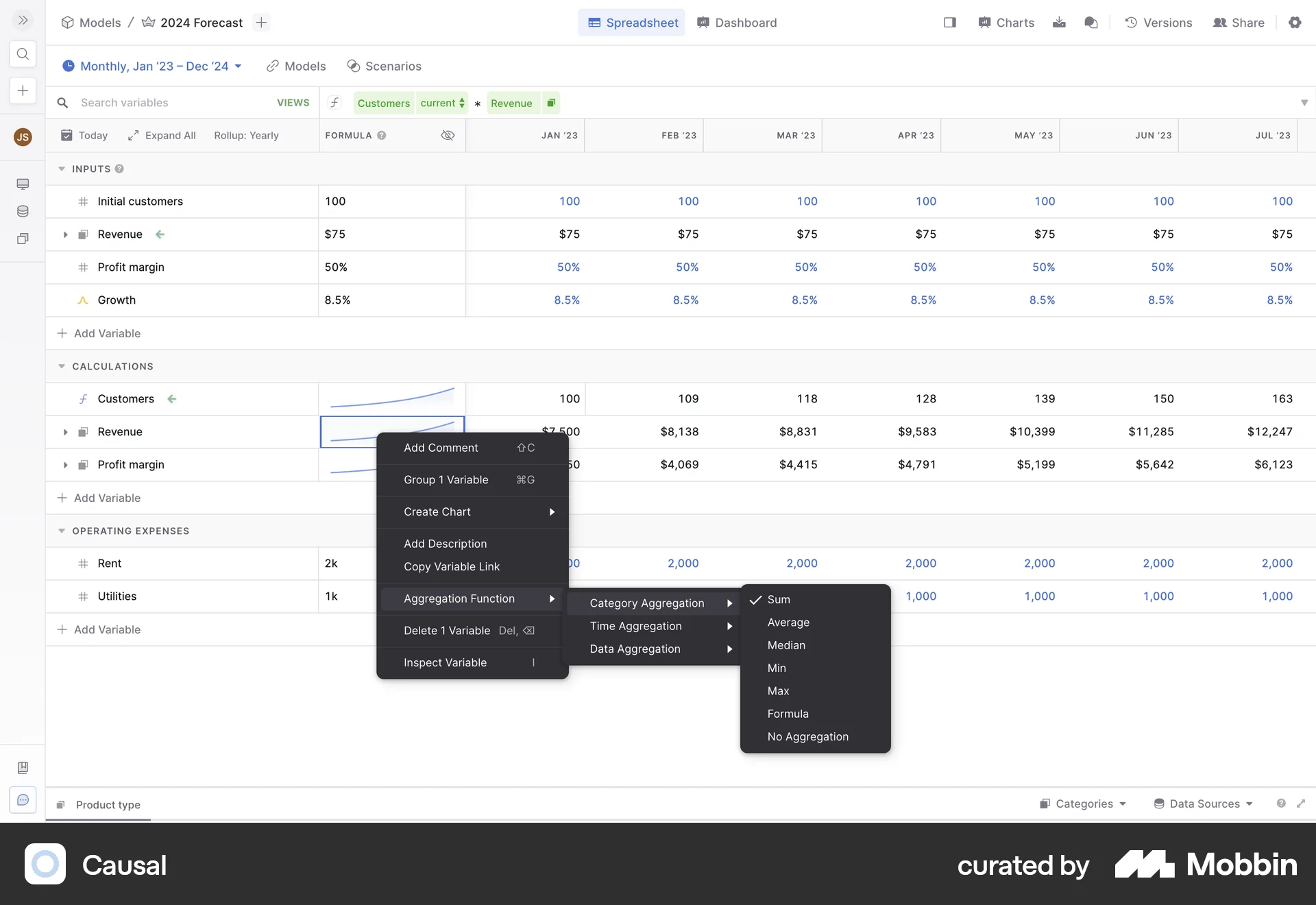 Causal Web screen containing Context Menu UI element