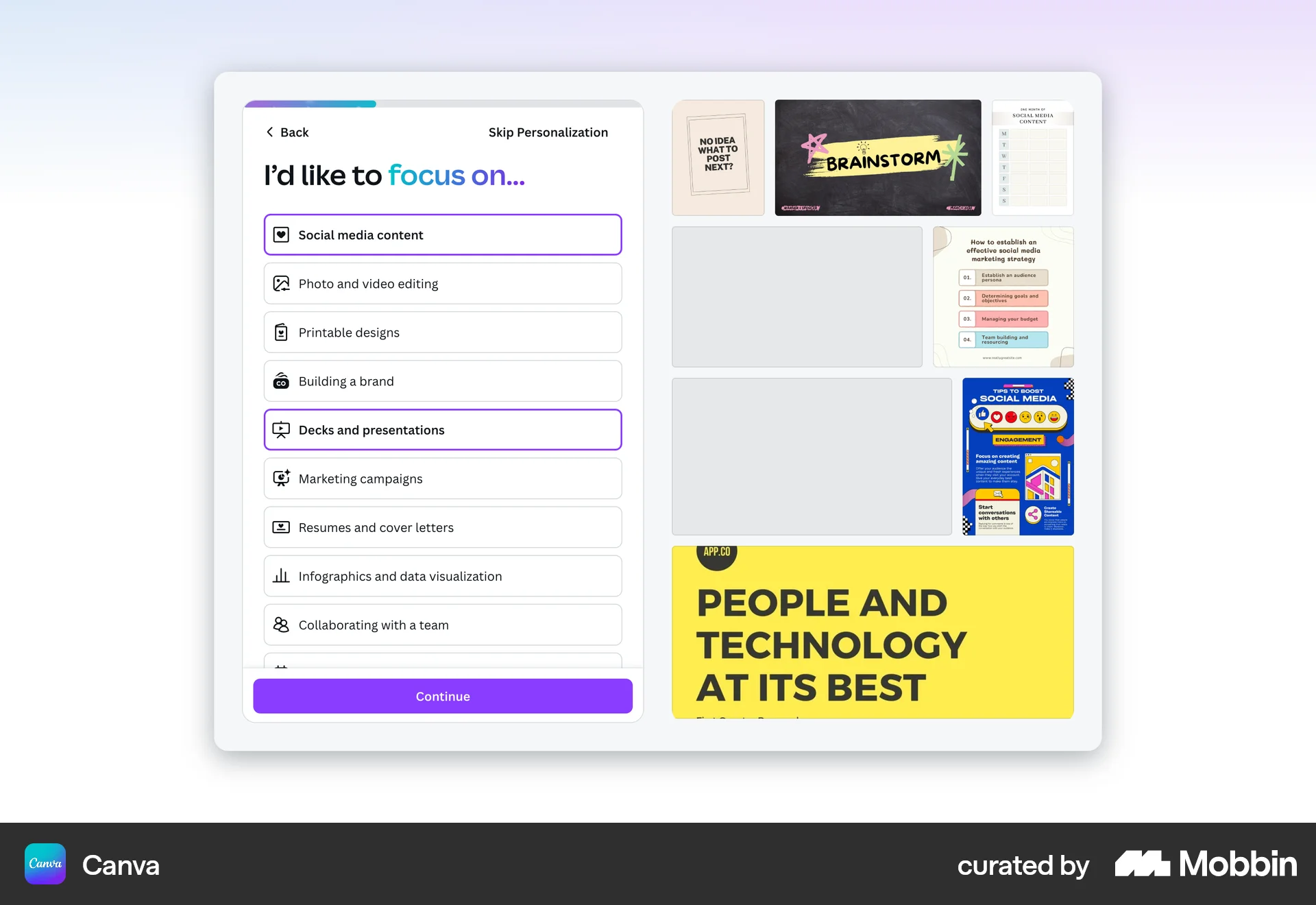 Canva Web Account Setup screen