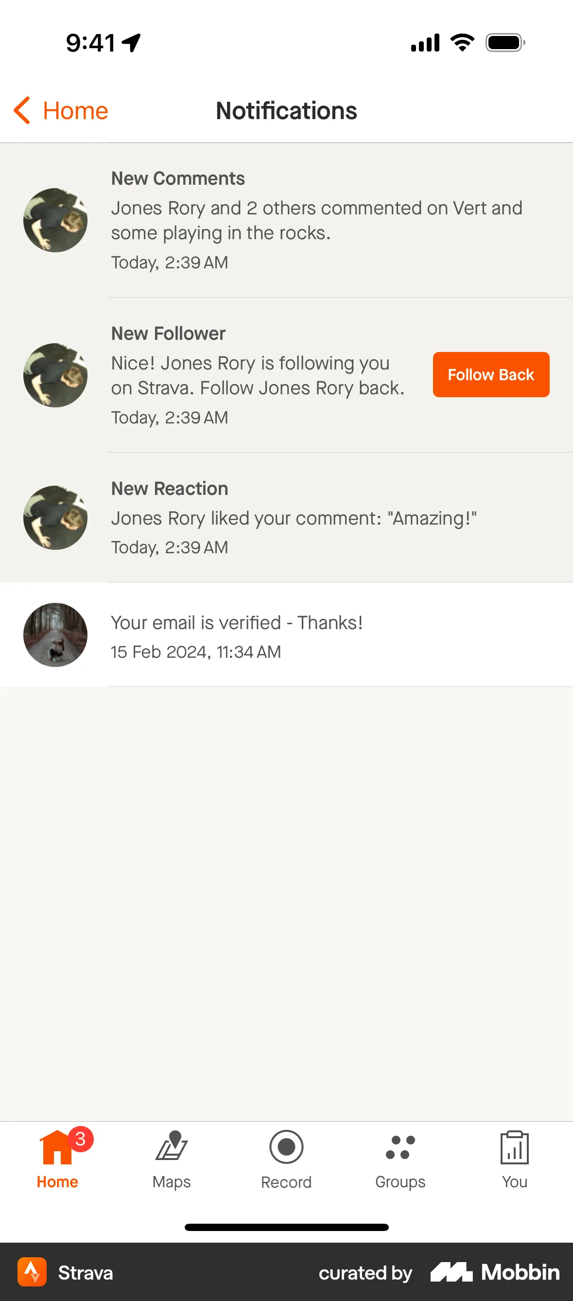Strava iOS Notifications screen
