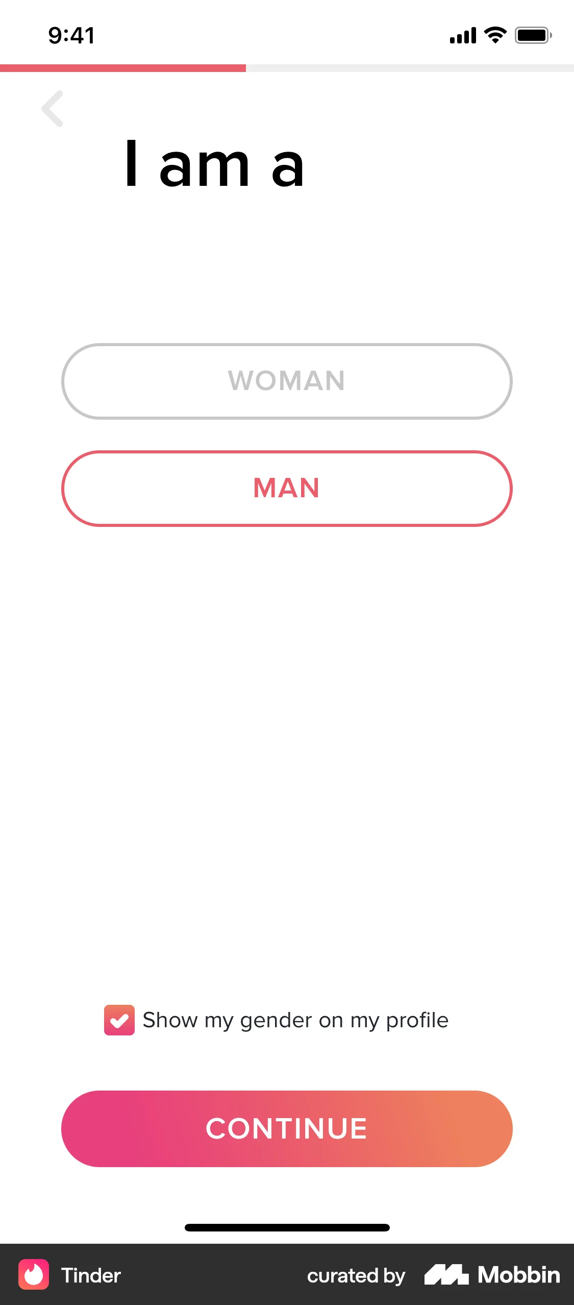 Tinder iOS Account Setup screen