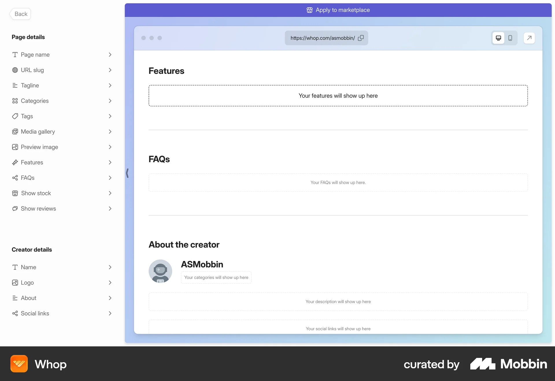 Whop Web Internal Tool screen
