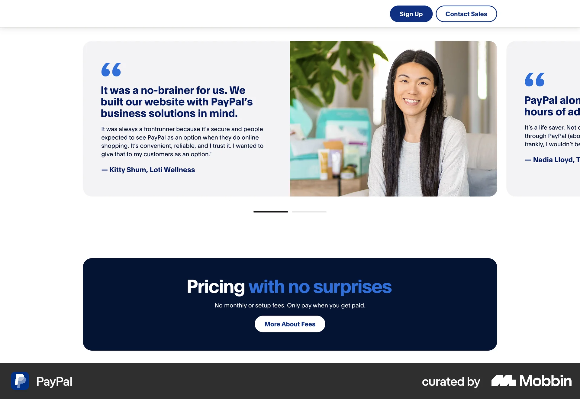 PayPal Web screen containing Carousel UI element