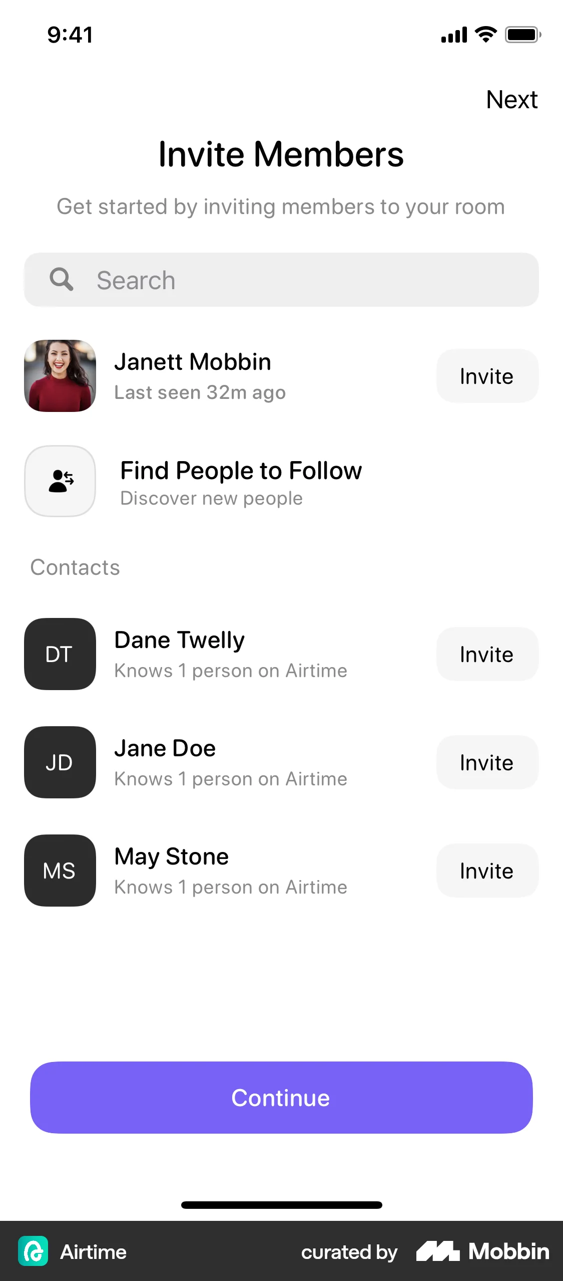 Airtime iOS Invite Teammates screen