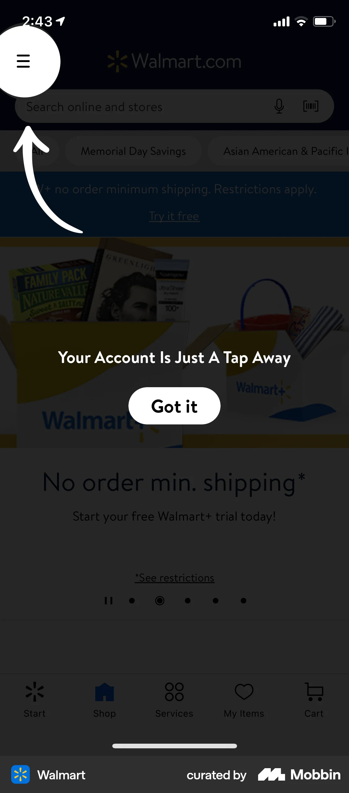 Walmart iOS screen containing Coach Marks UI element