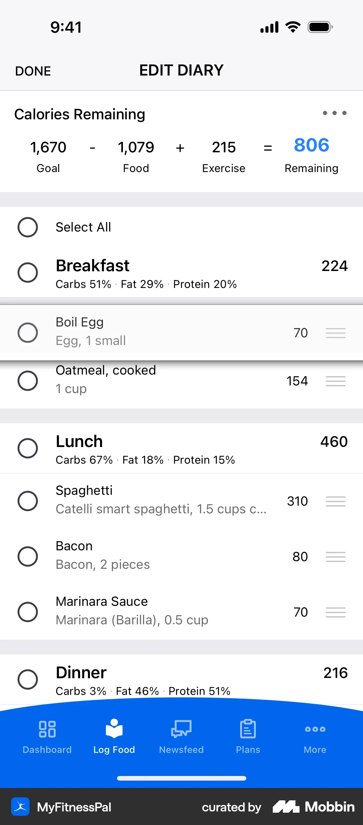 MyFitnessPal iOS Reorder screen