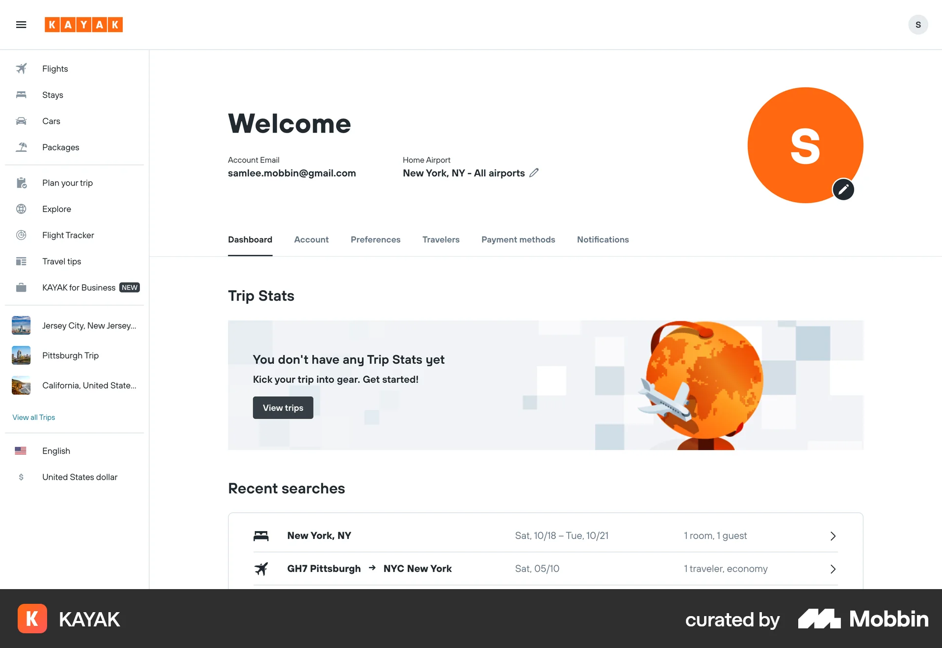 KAYAK Web My Account & Profile screen
