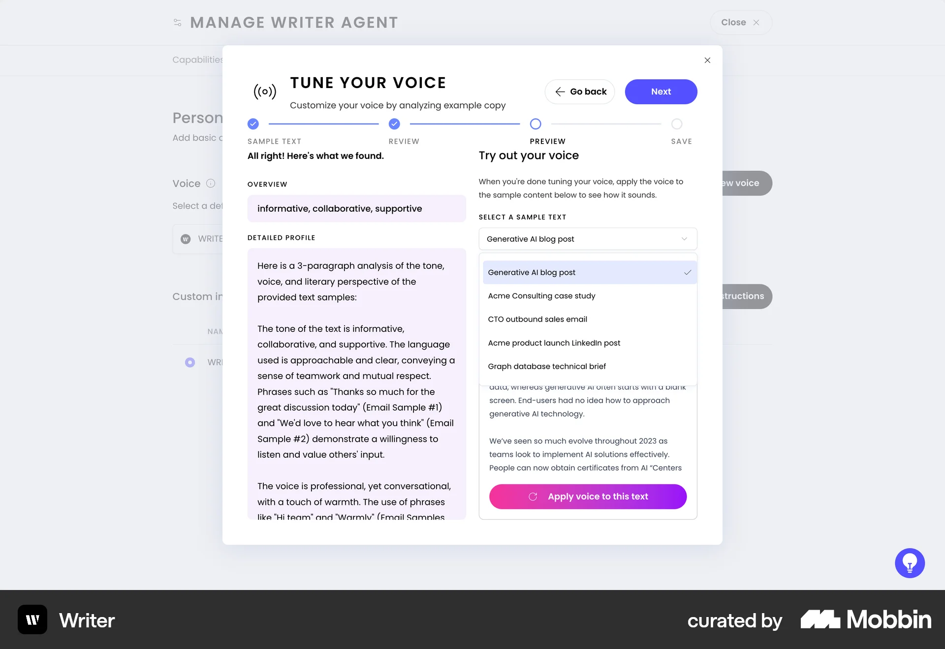 WRITER Web Wizard UI screen