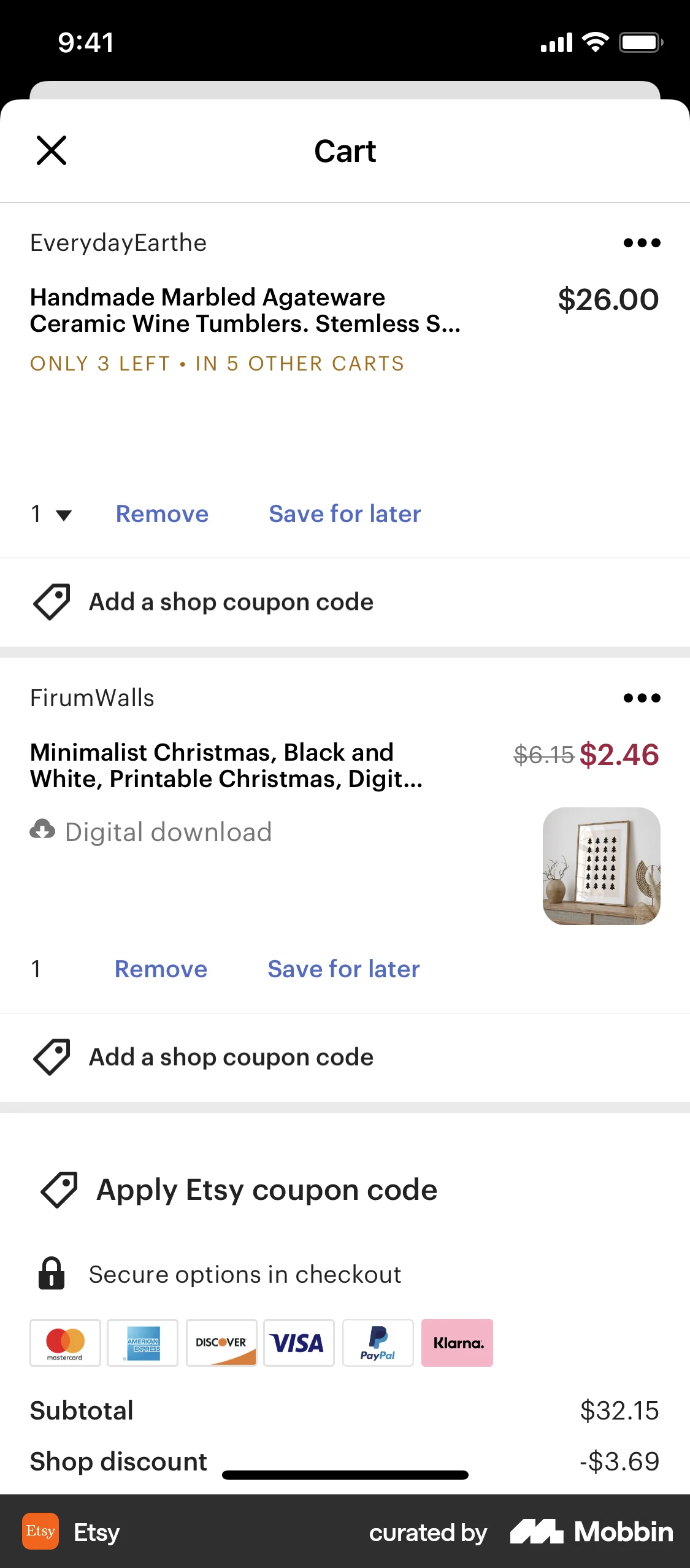Etsy iOS Mobile Shopping Cart screen