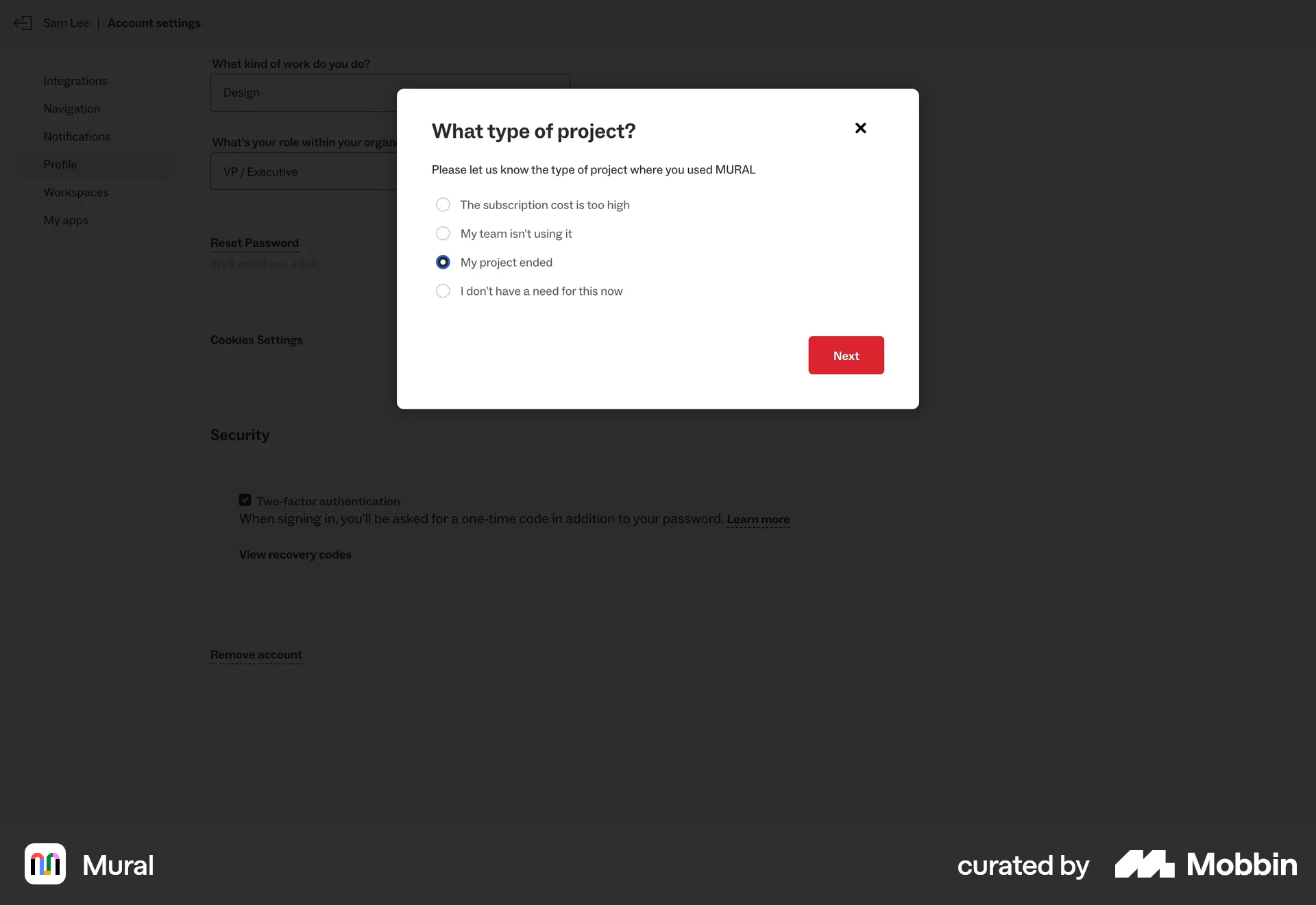Mural Web screen containing Radio Button UI element