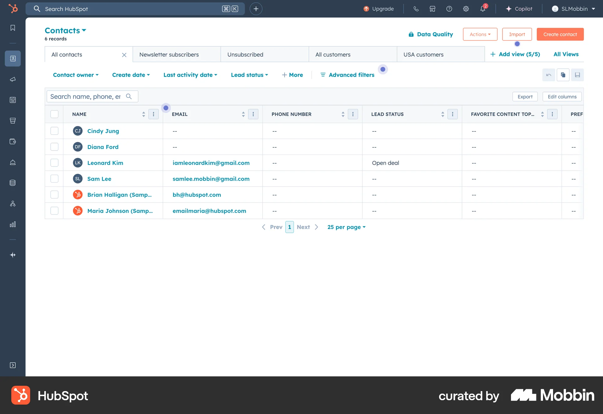 HubSpot Web screen containing Table UI element