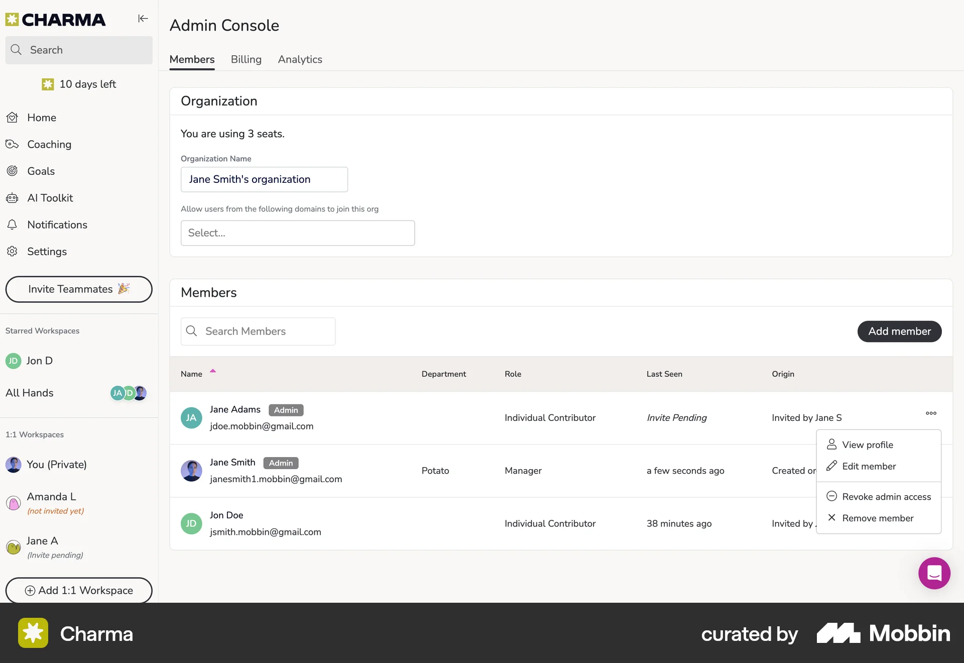 Charma Web Admin UI screen