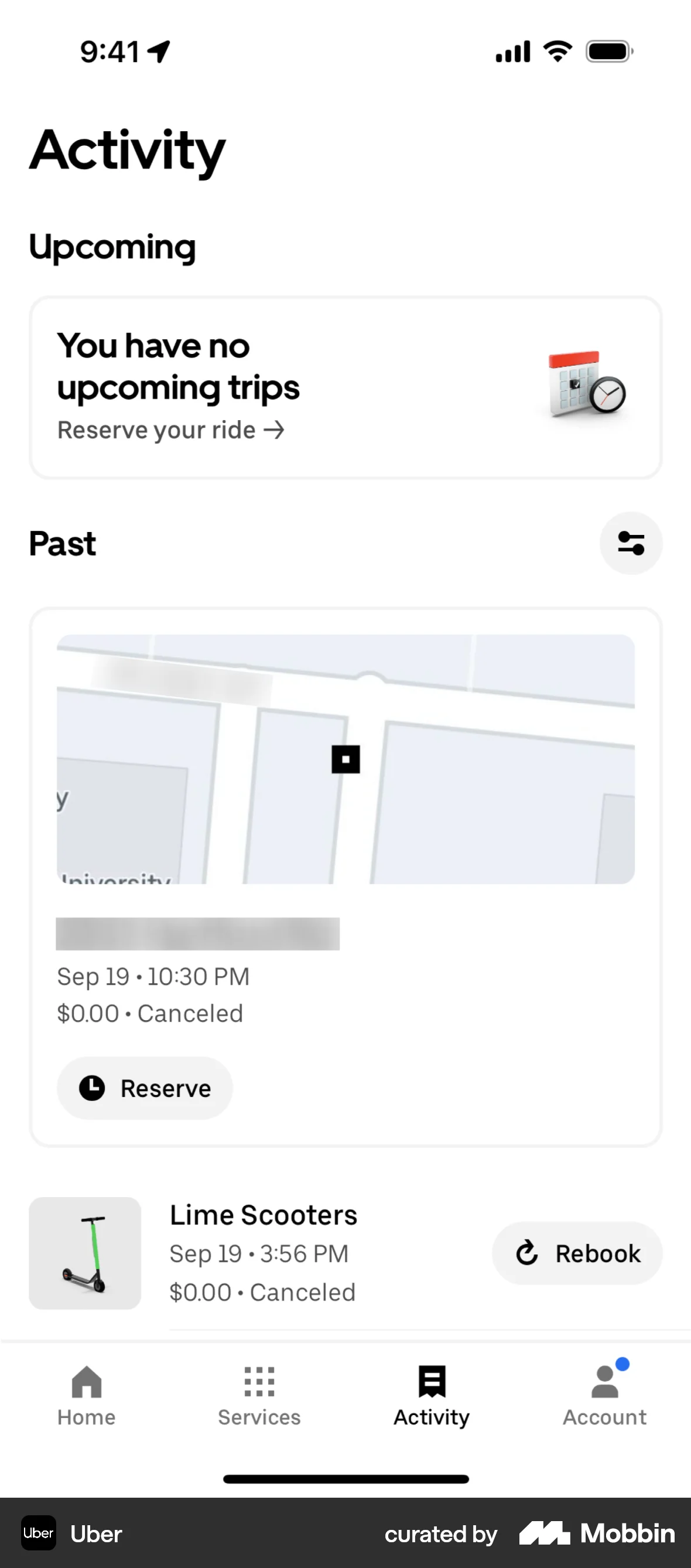 Uber iOS Order History screen