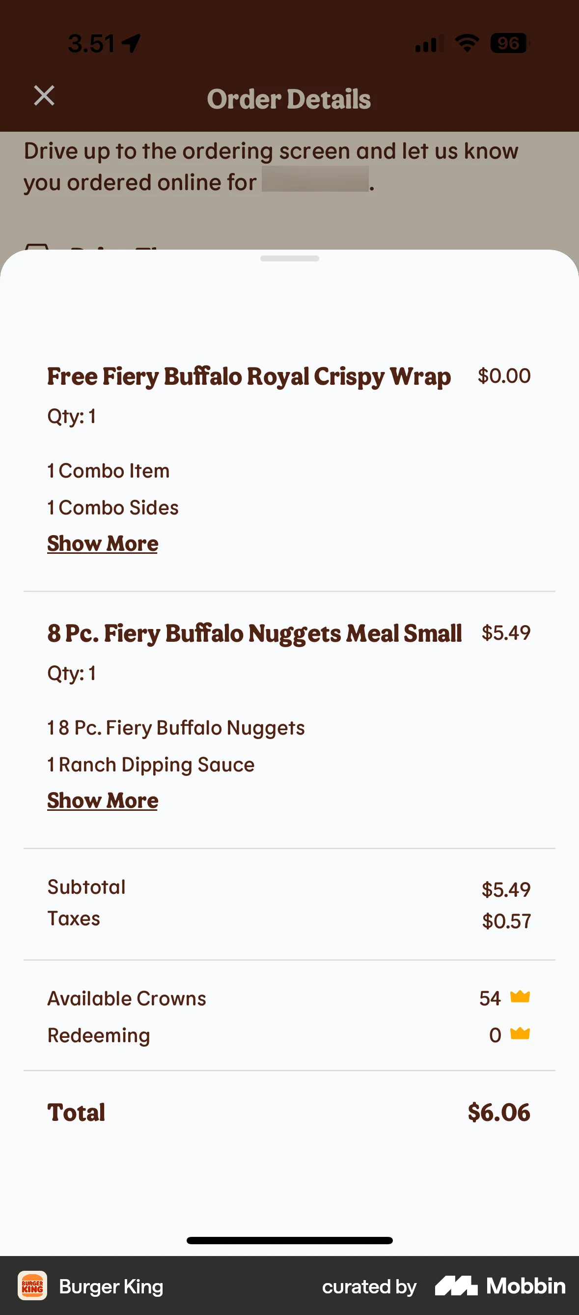 Burger King iOS Order Confirmation screen