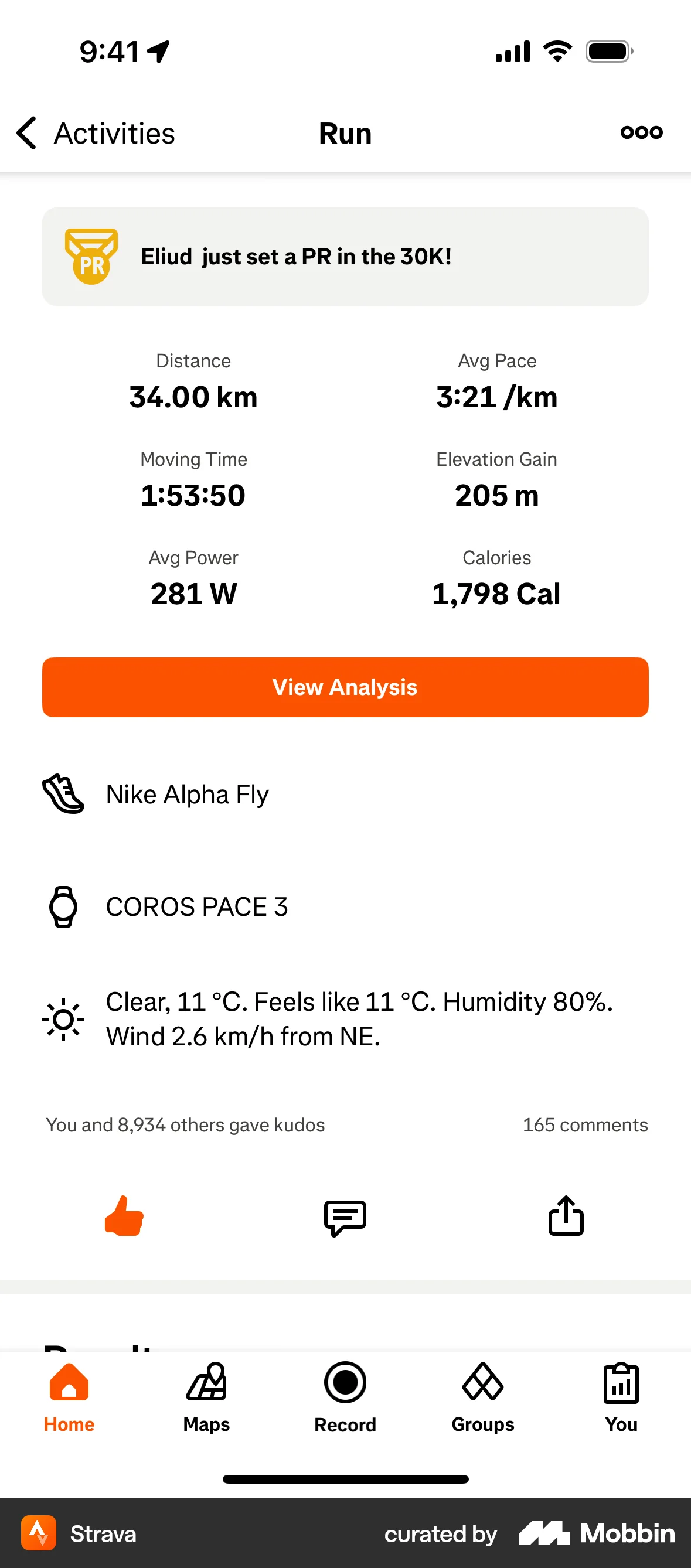 Strava iOS Like & Upvote screen