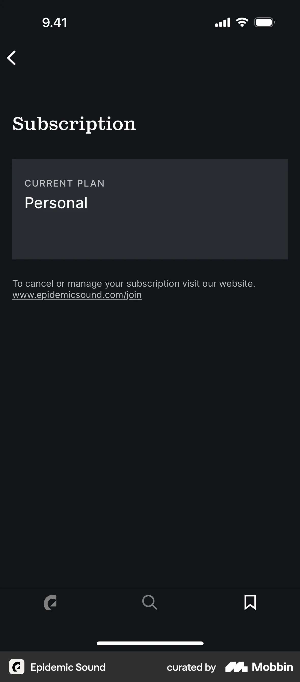 Epidemic Sound iOS Billing screen