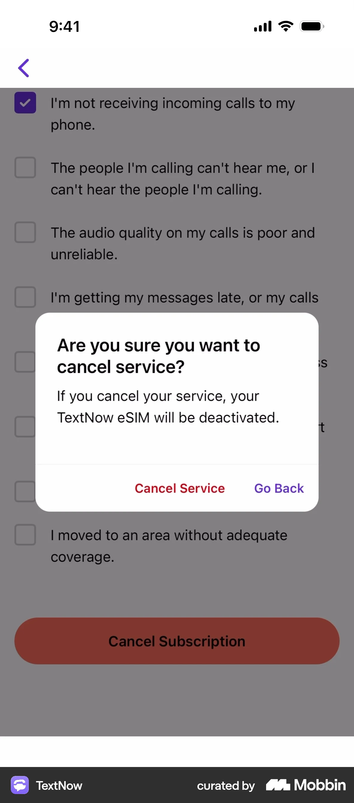 TextNow iOS Confirmation screen