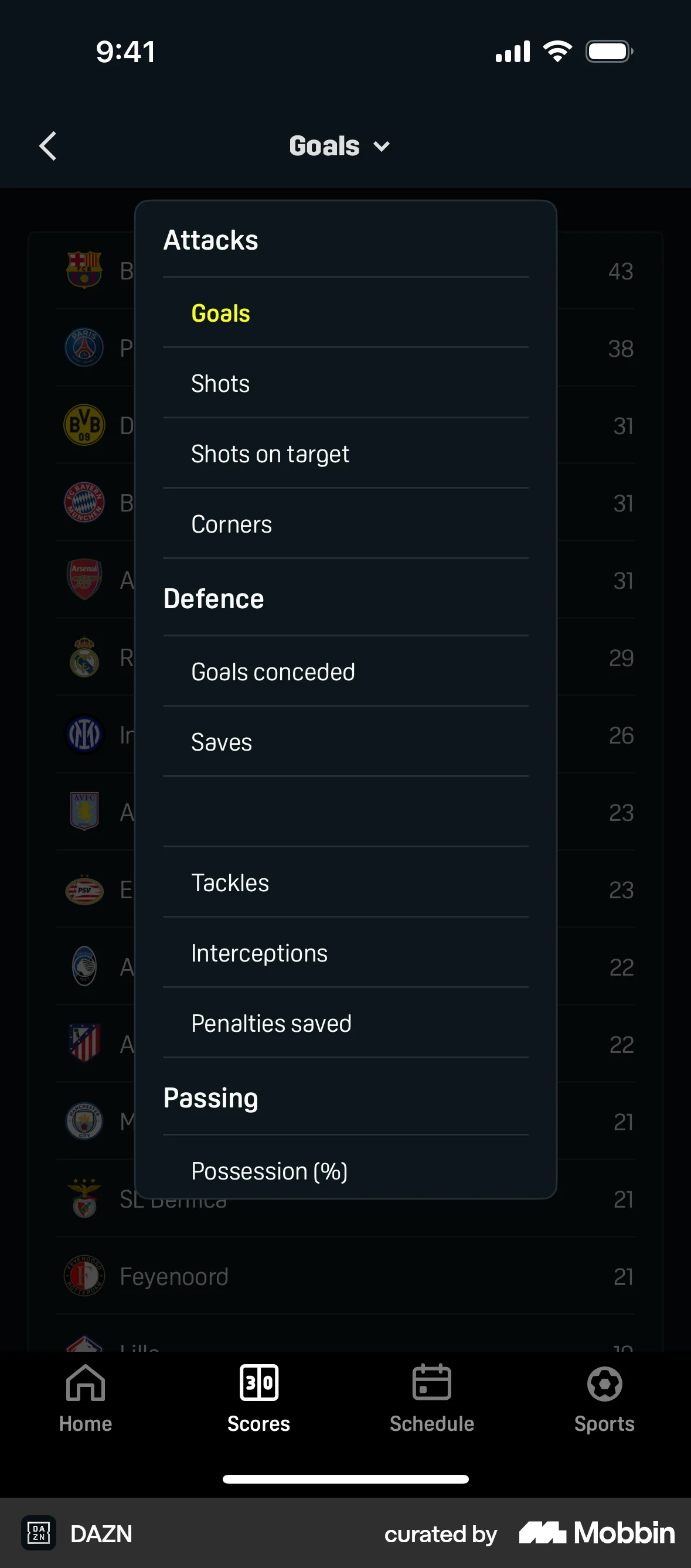 DAZN iOS screen containing Dropdown Menu UI element