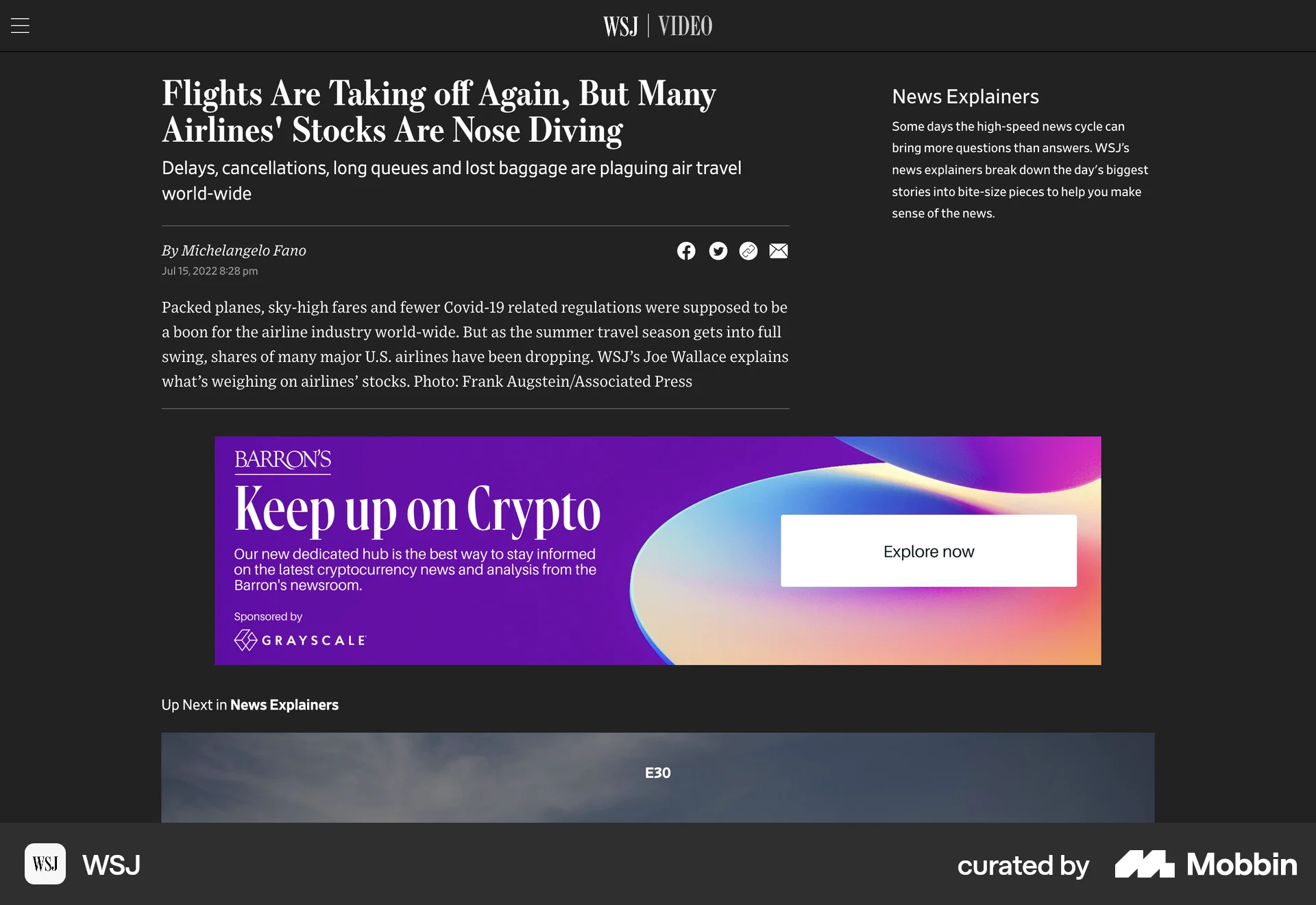 WSJ Web Article Detail screen