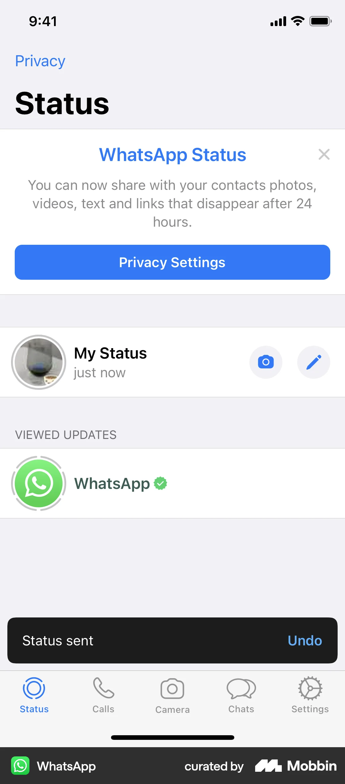 WhatsApp iOS screen containing Toast UI element