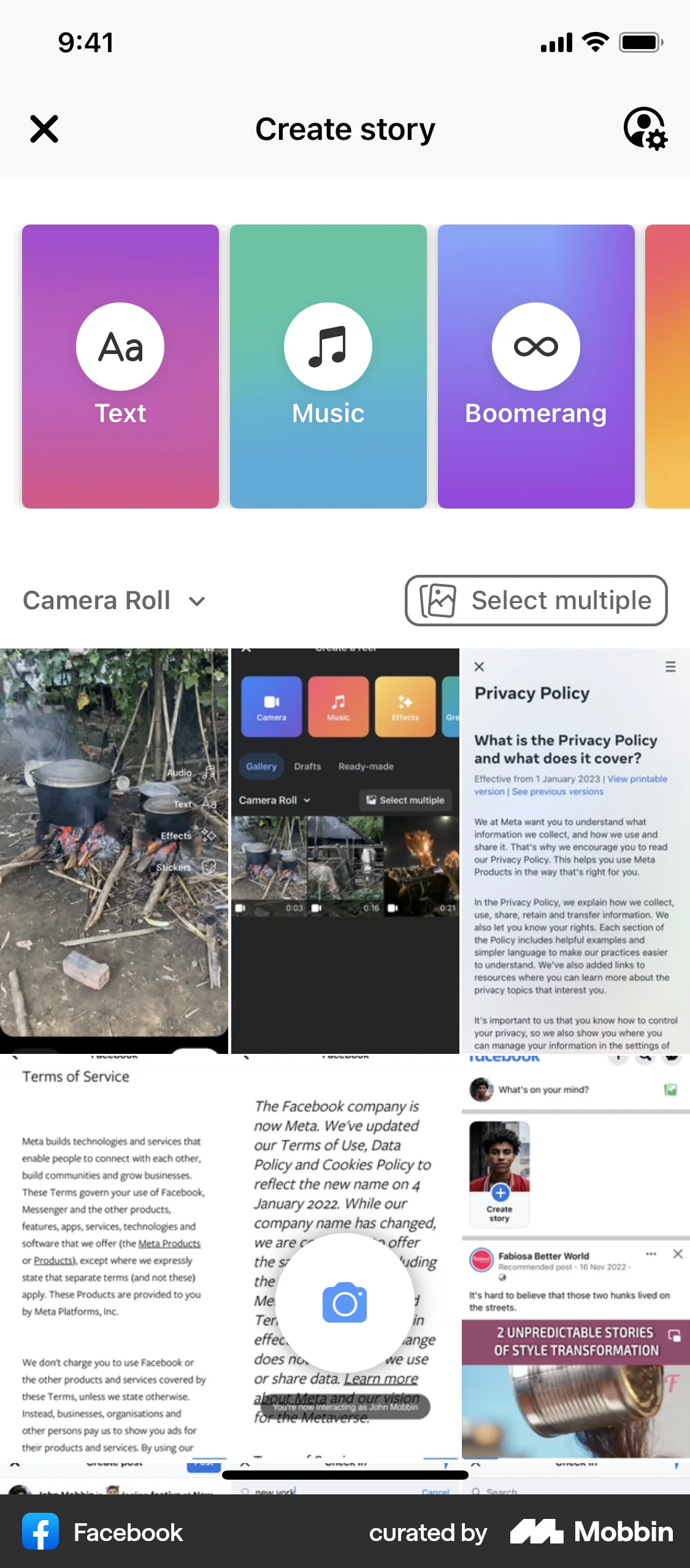 Facebook iOS Stories screen