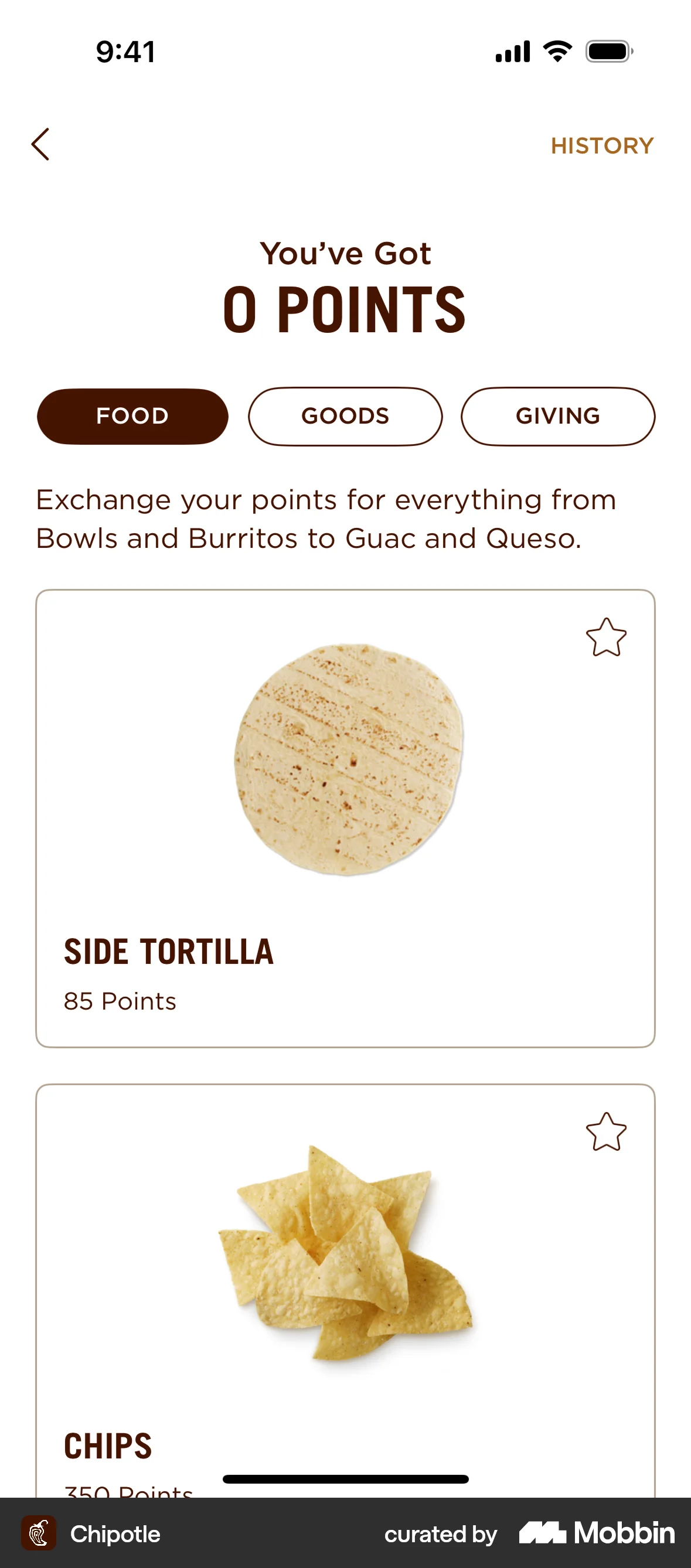 Chipotle iOS Promotions & Rewards screen