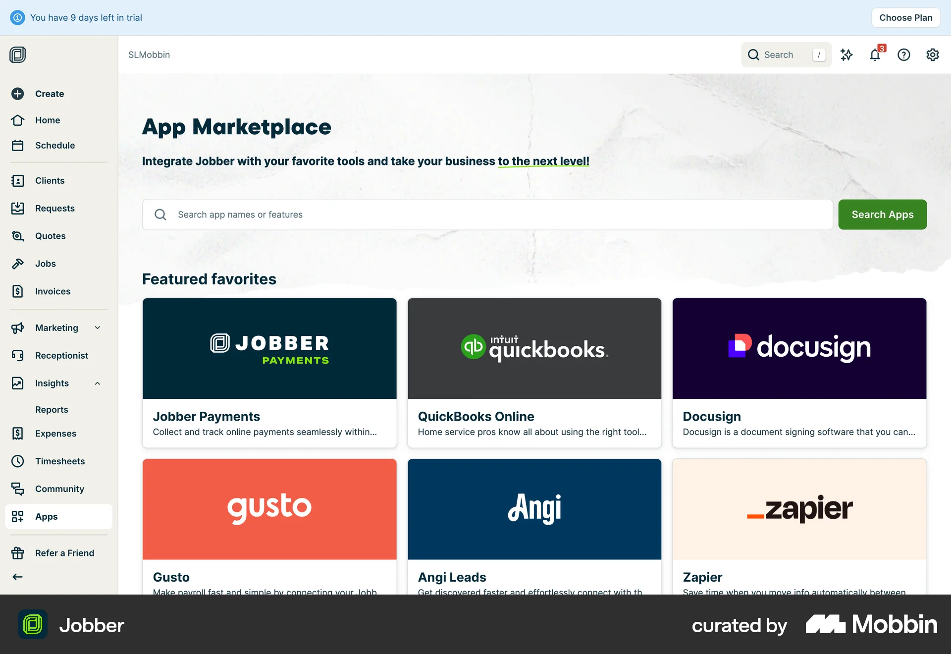 Jobber Web screen containing Search Bar UI element