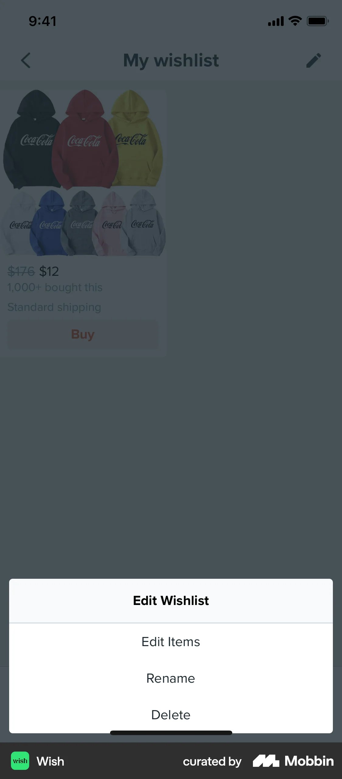 Wish iOS Action Option screen