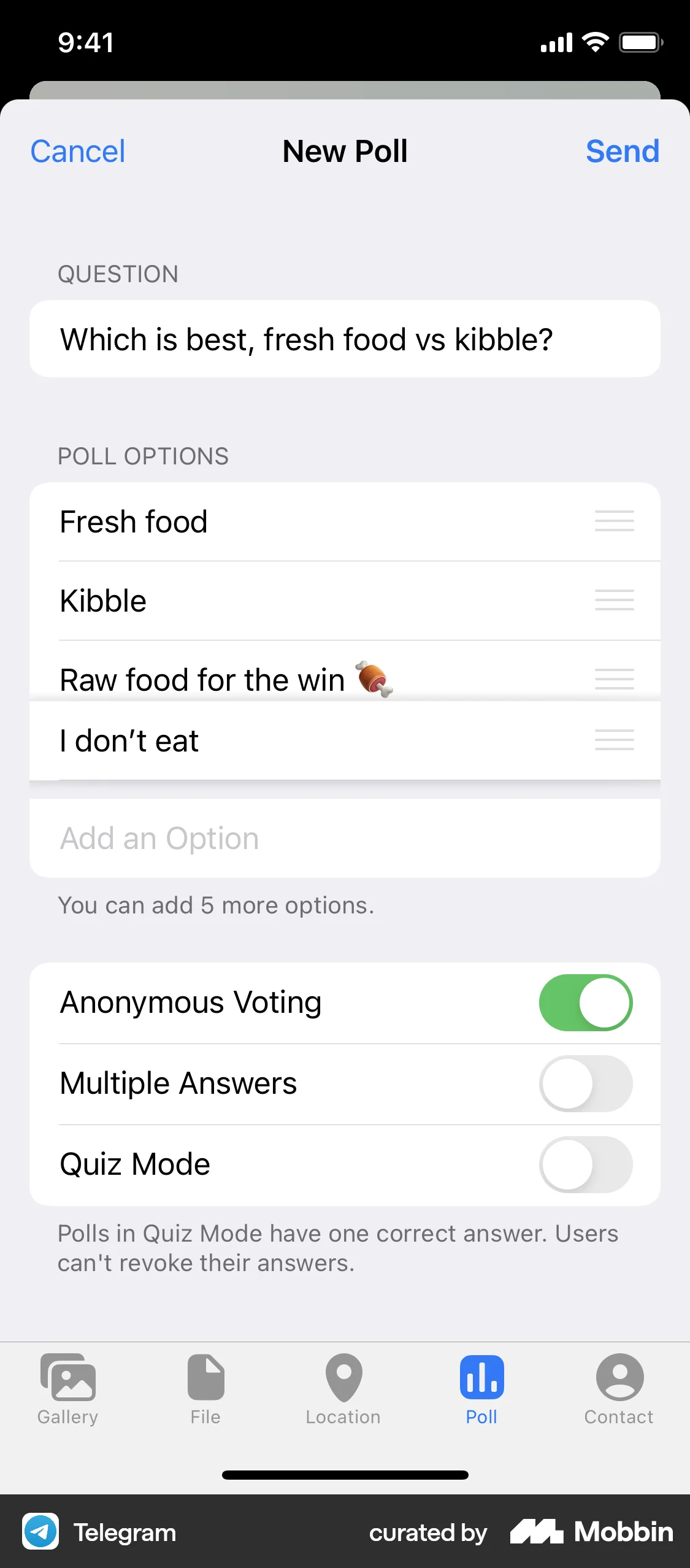 Telegram iOS Reorder screen