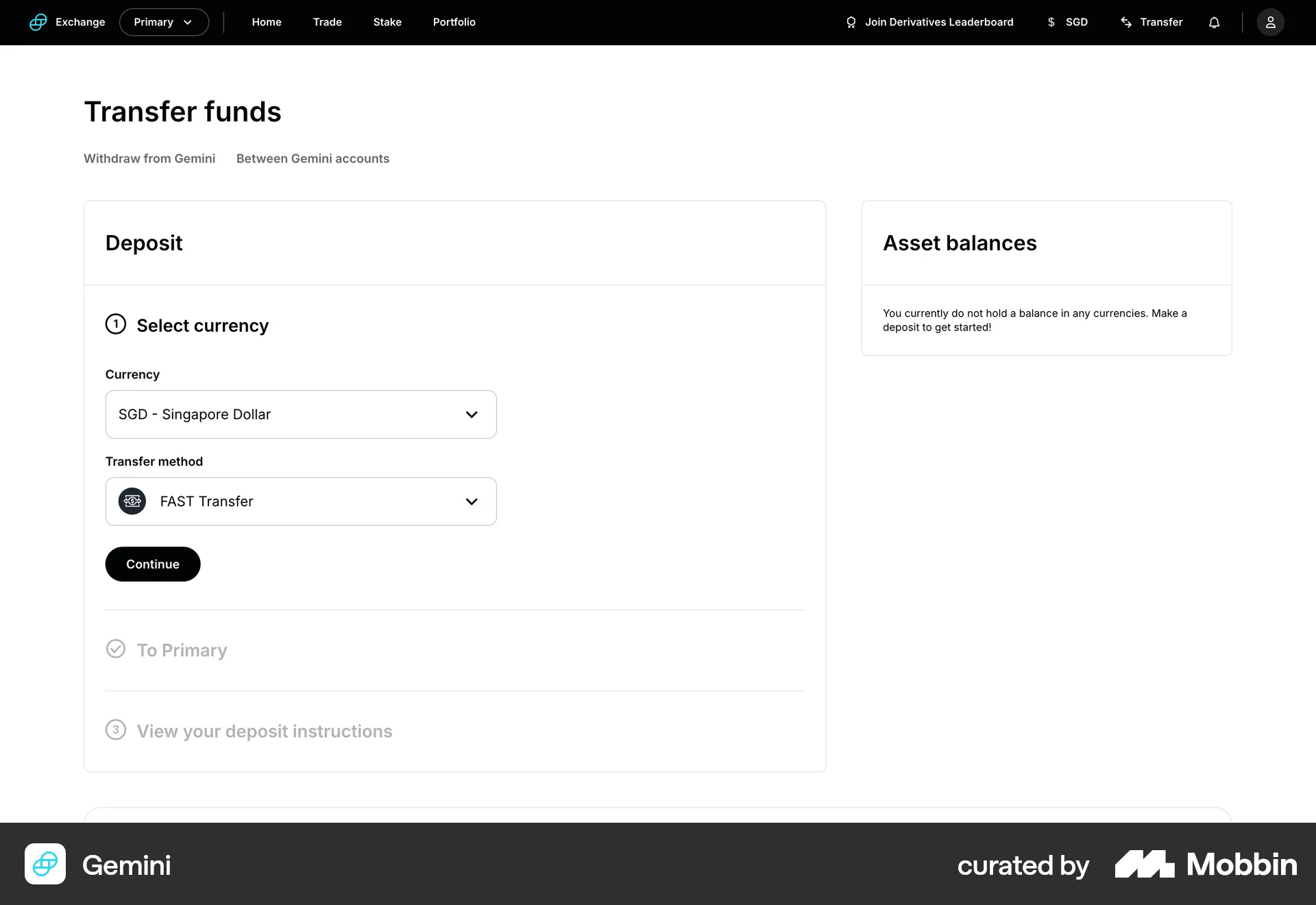 Gemini Web Transfer & Send Money screen
