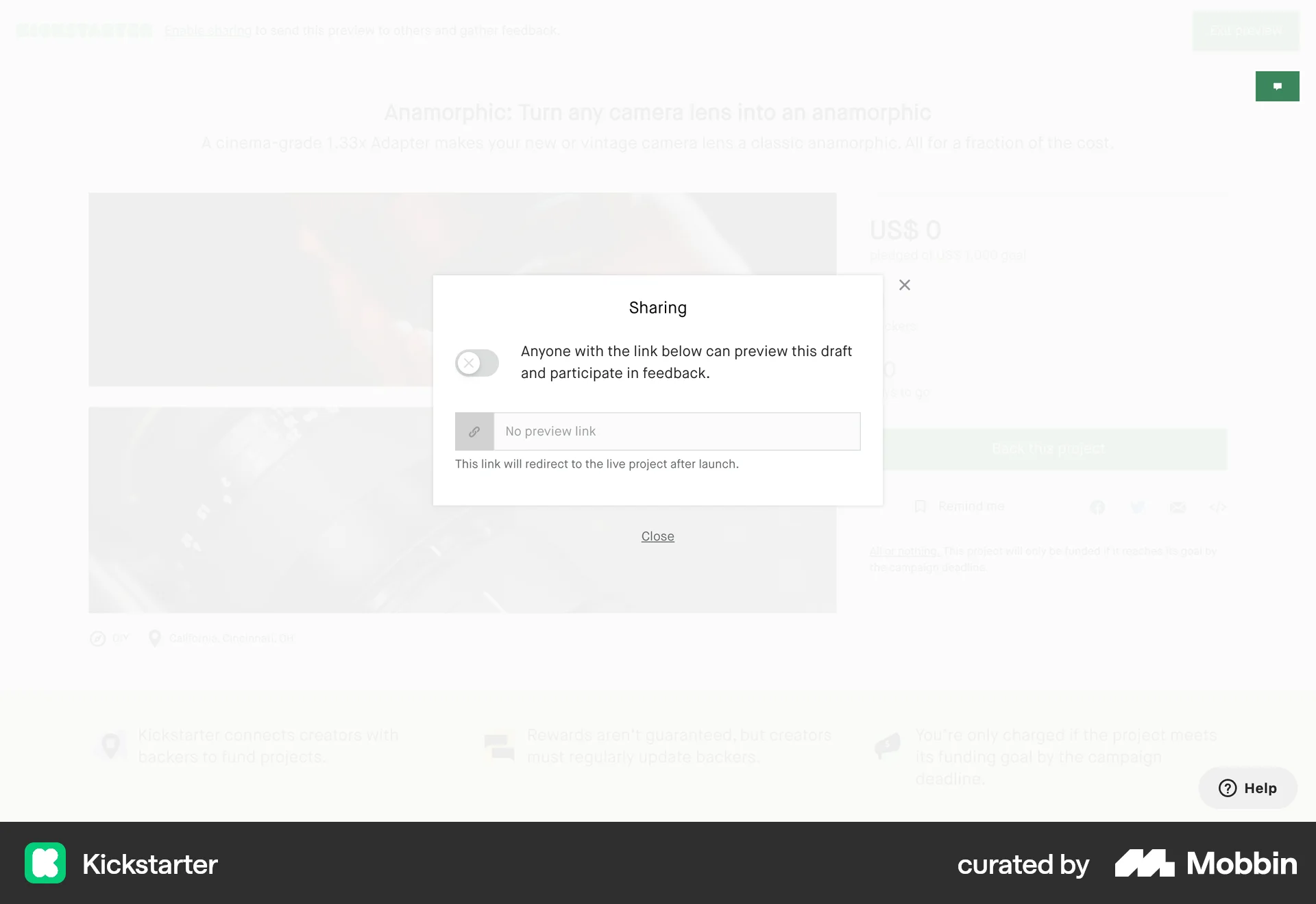 Kickstarter Web Share screen