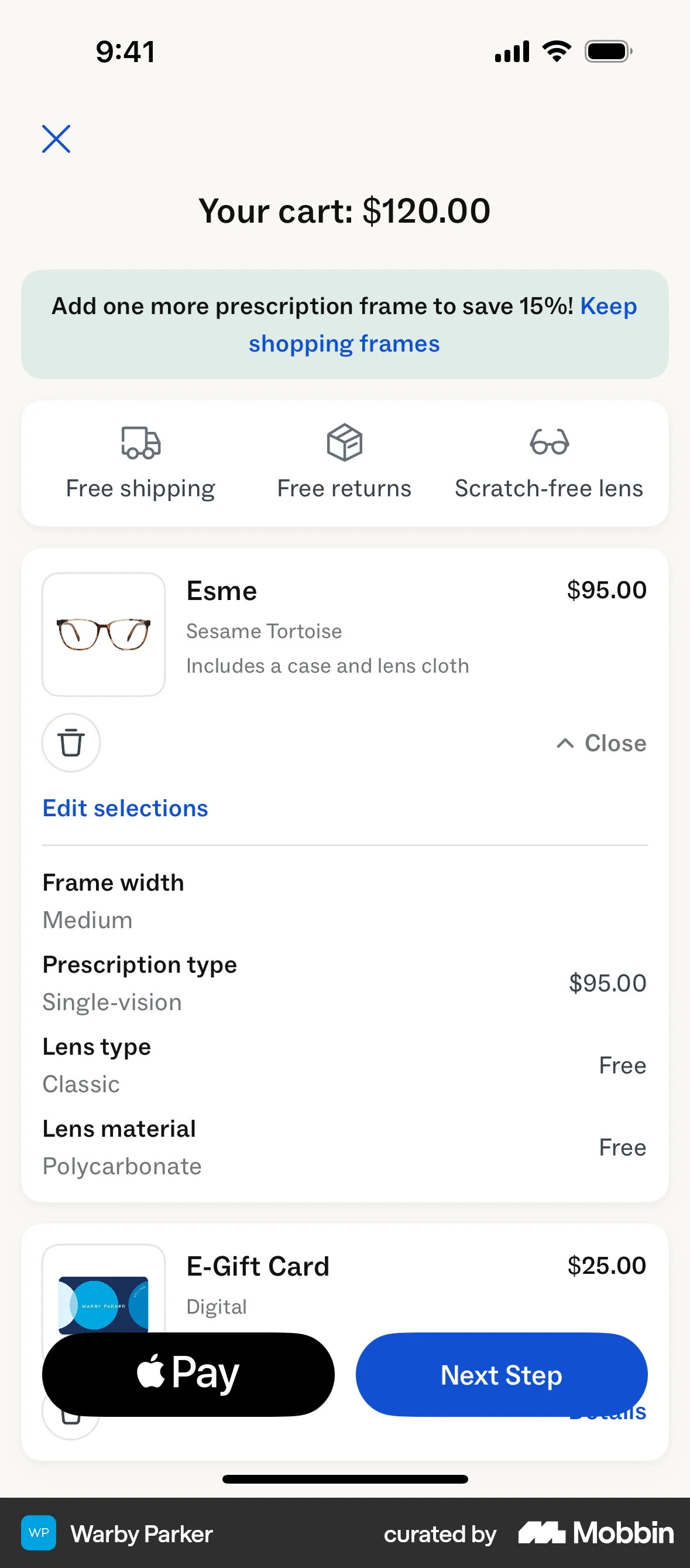 Warby Parker iOS Mobile Shopping Cart screen