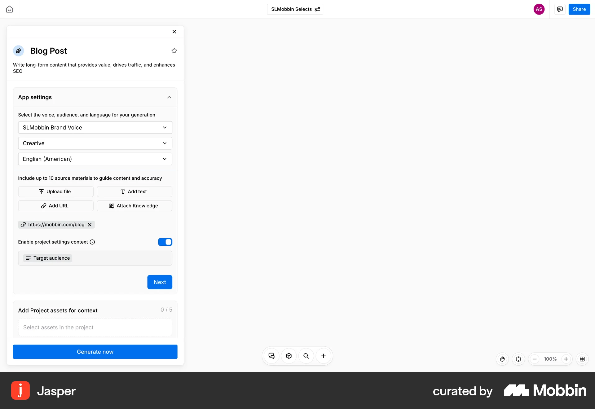 Jasper Web Add & Create screen