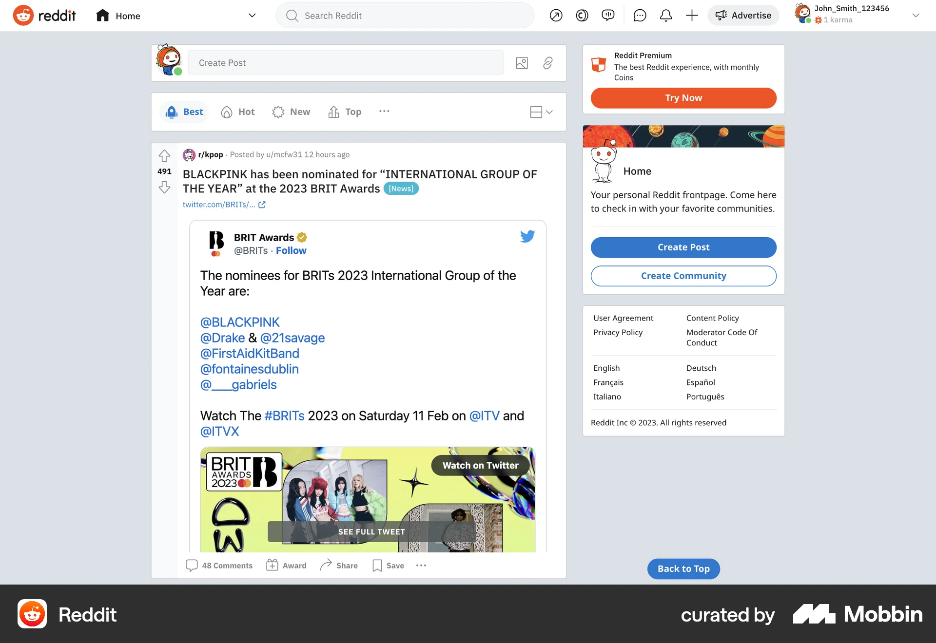 Reddit Web screen containing Rating Control UI element