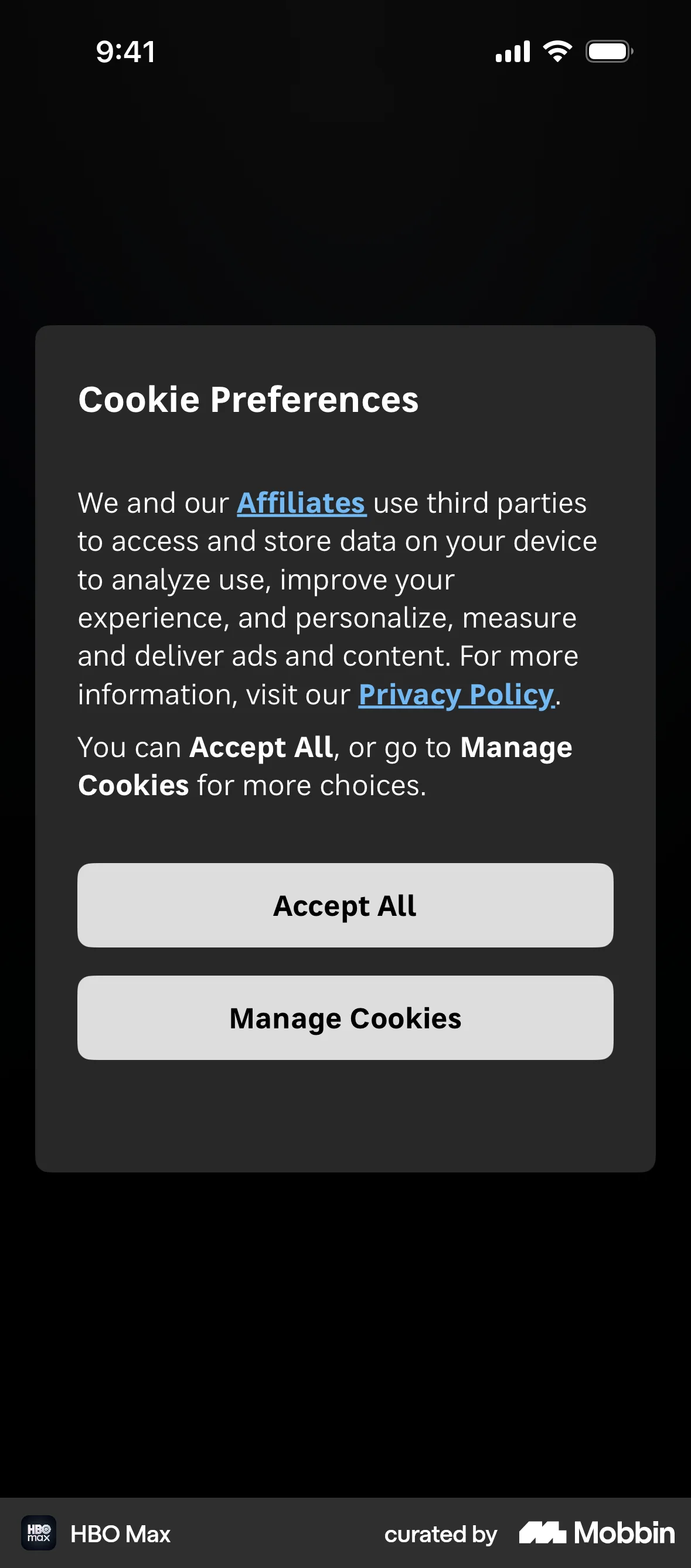 HBO Max Onboarding screen