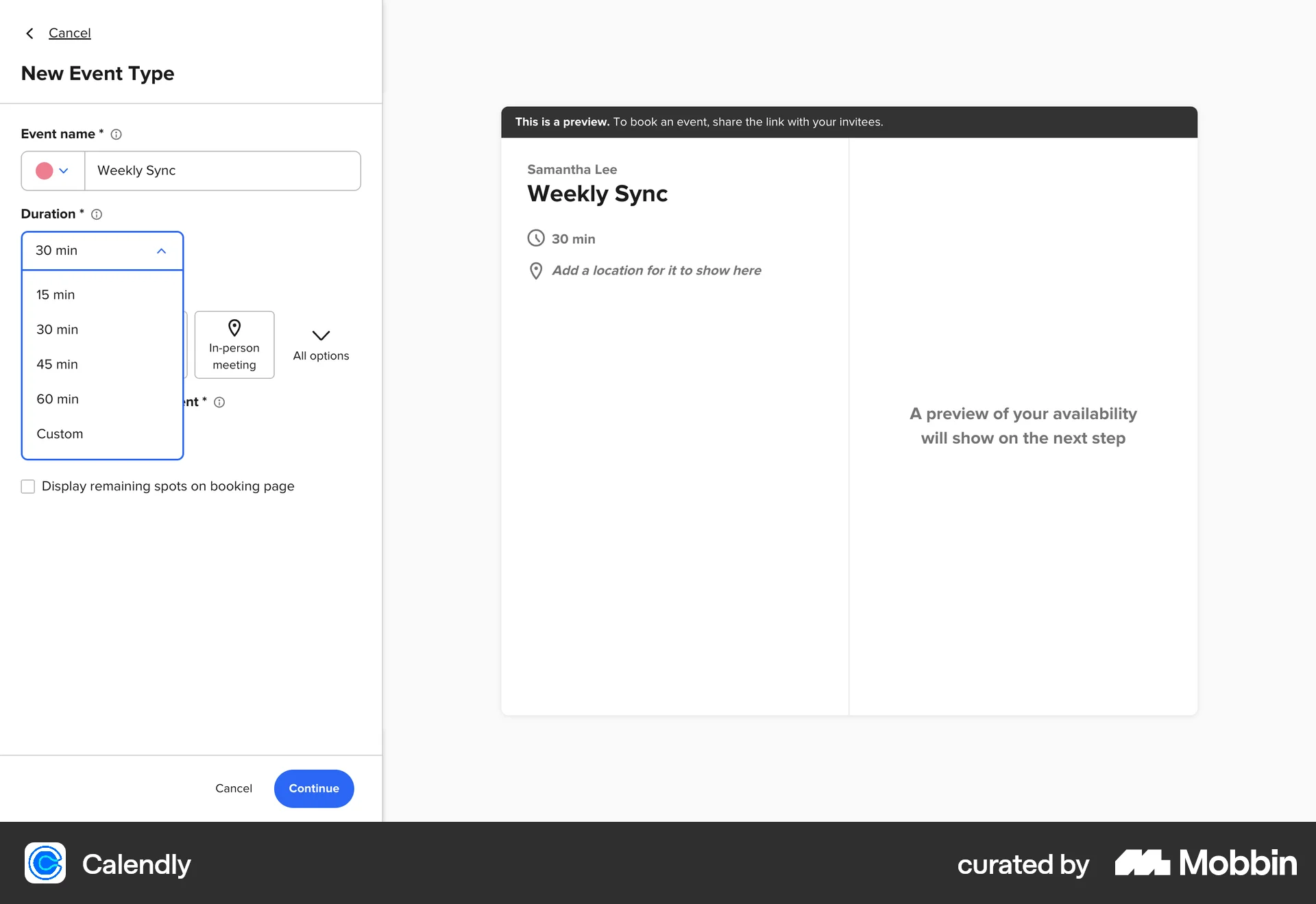 Calendly Web screen containing Time Picker UI element