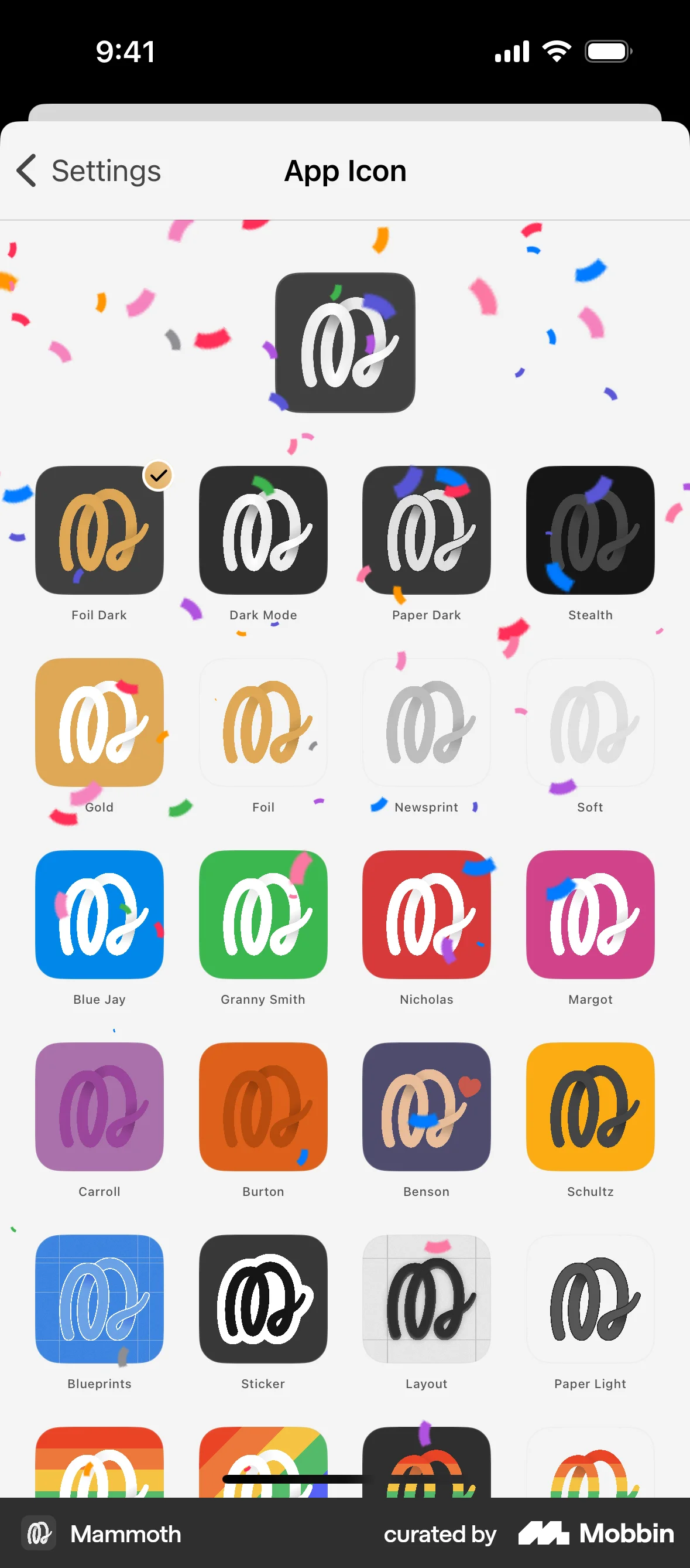 Mammoth iOS Confetti screen