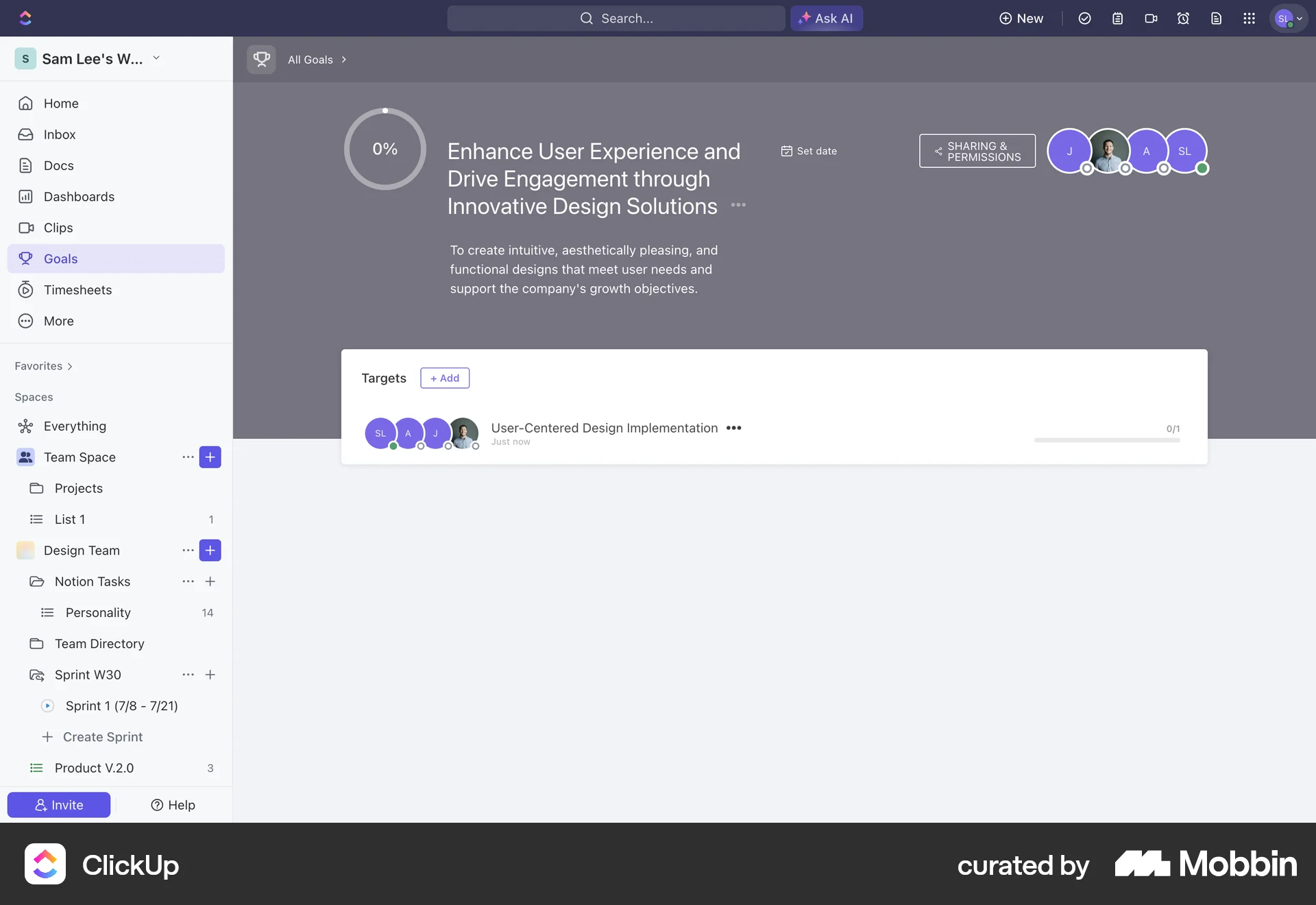 ClickUp Web Goal & Task screen