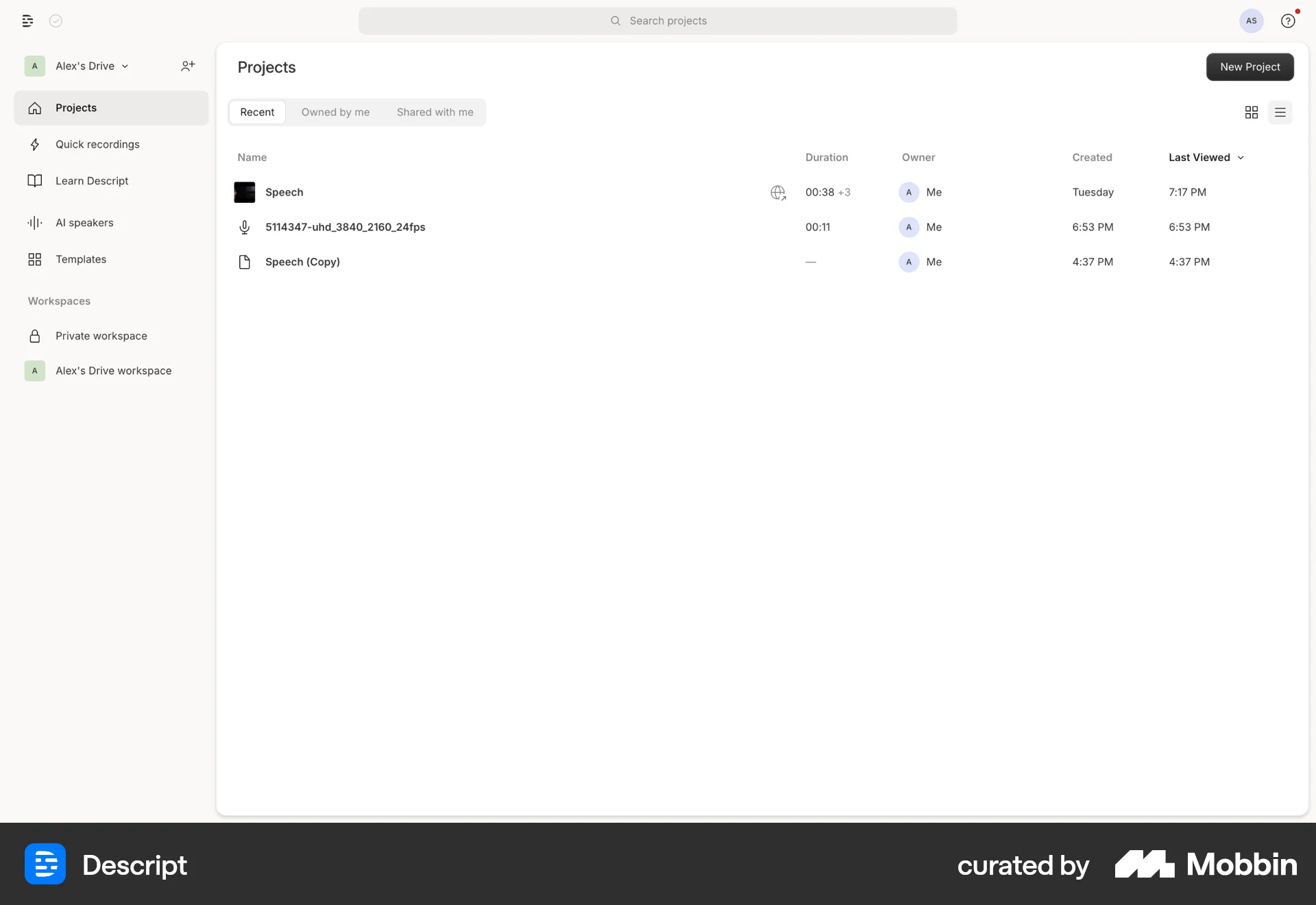 Descript Web screen containing Table UI element