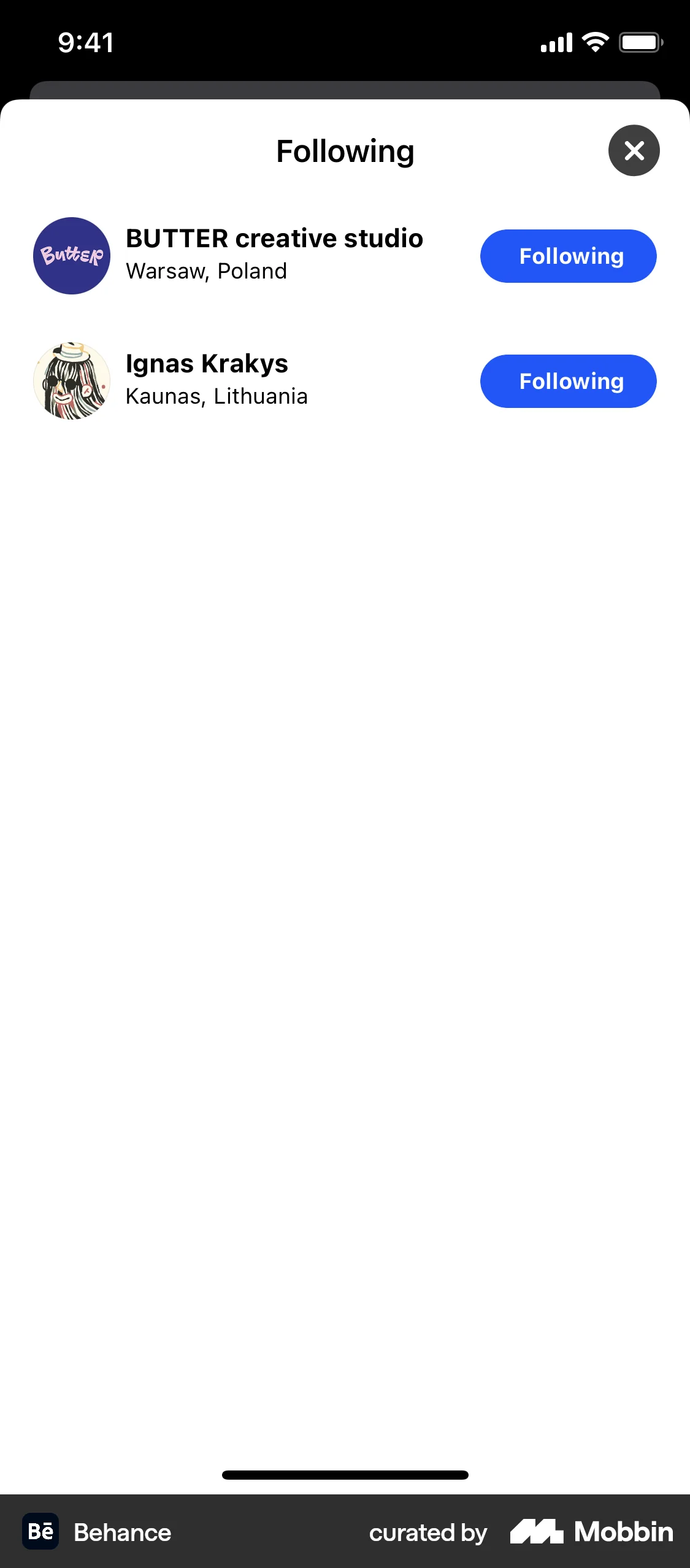 Behance iOS Followers & Following screen